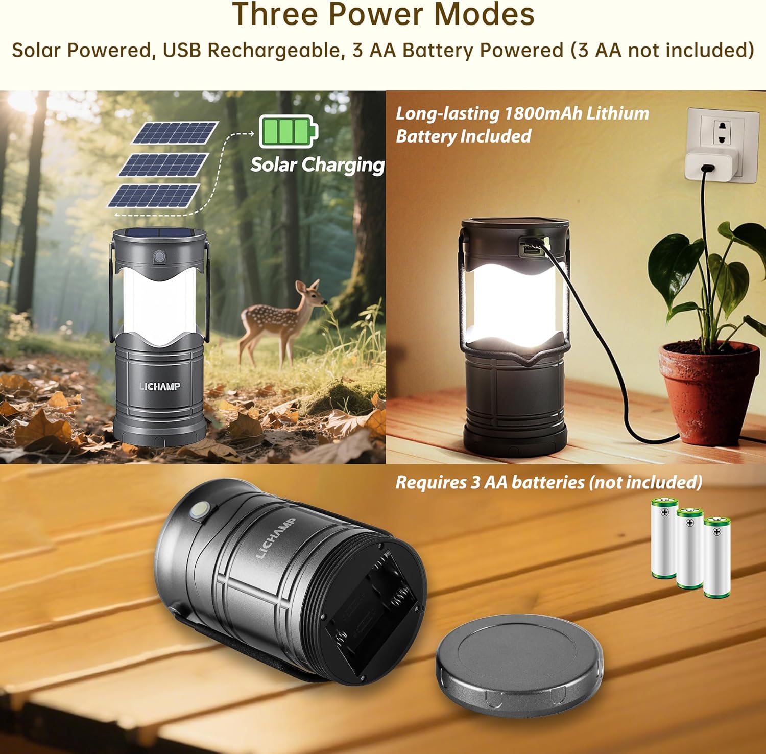 Lichamp 2-pack solar camping lanterns with USB rechargeable LED lights, battery-powered outdoor illumination for camping trips