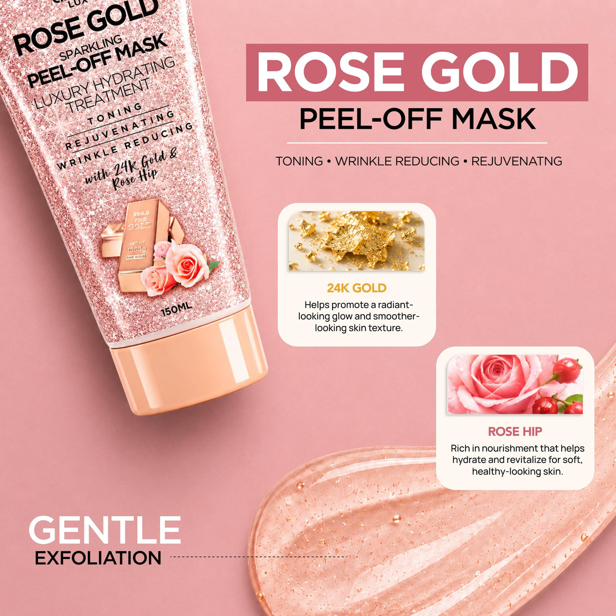 Rose Hip Oil 24k Gold Peel Off Face Mask Anti Wrinkle Korean - Azure Cosmetics Official Imagery - 3