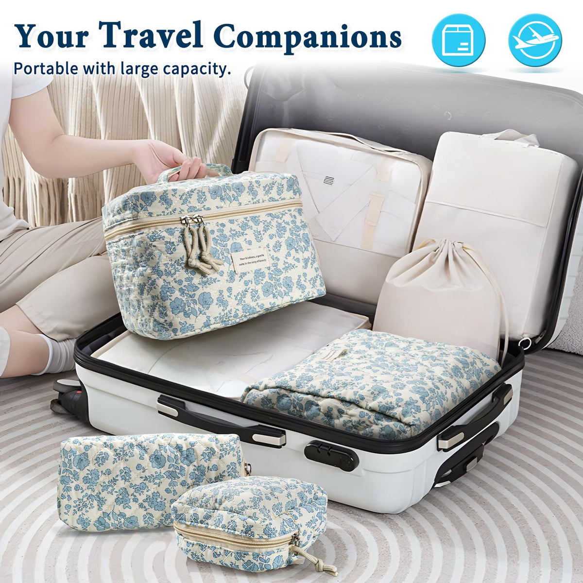 VIWIME Makeup Cosmetic Bag Large Cotton Quilted Travel - VIWIME Official Imagery - 6
