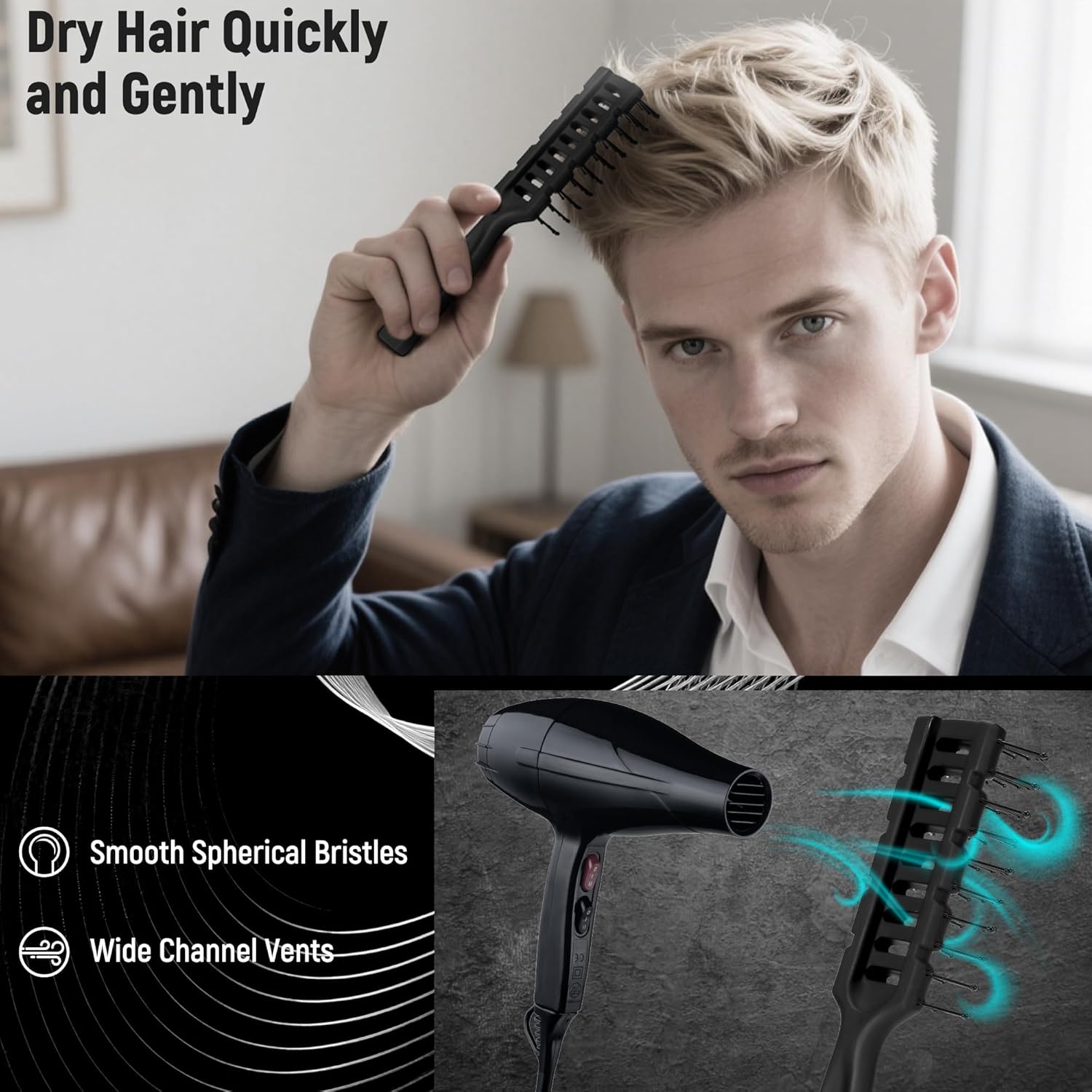 Set of five SALON SILK men's hair brushes and styling combs, professional barber tools for hair grooming and styling.
