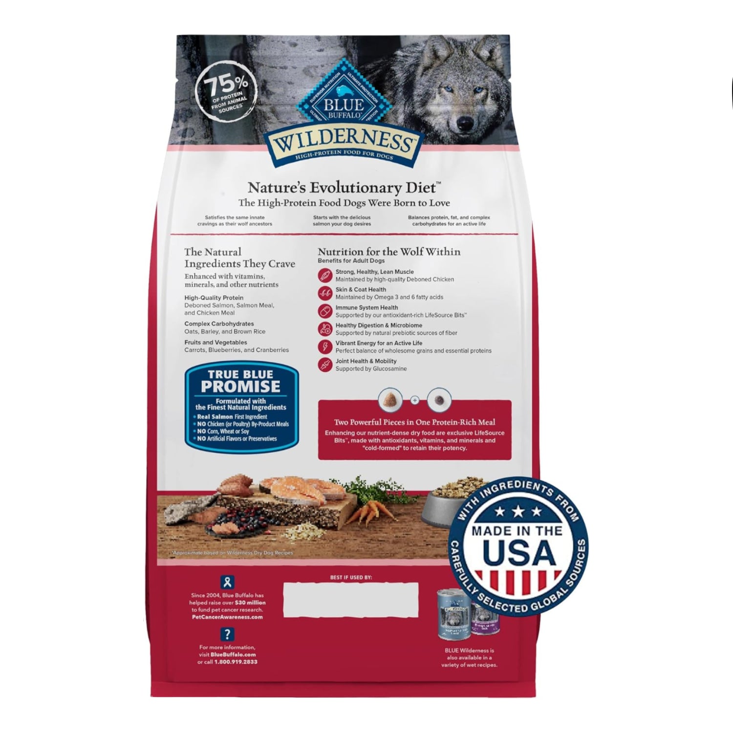 Blue Buffalo Wilderness adult dog food bag with salmon recipe, high-protein dry dog food in a 4.5-pound bag.