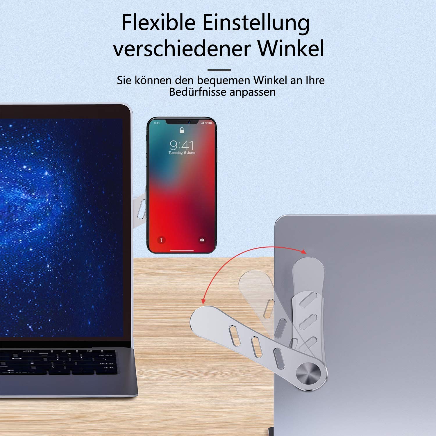 DK177 magnetic phone holder attached to a laptop monitor, slim foldable design, silver portable stand for smartphones.