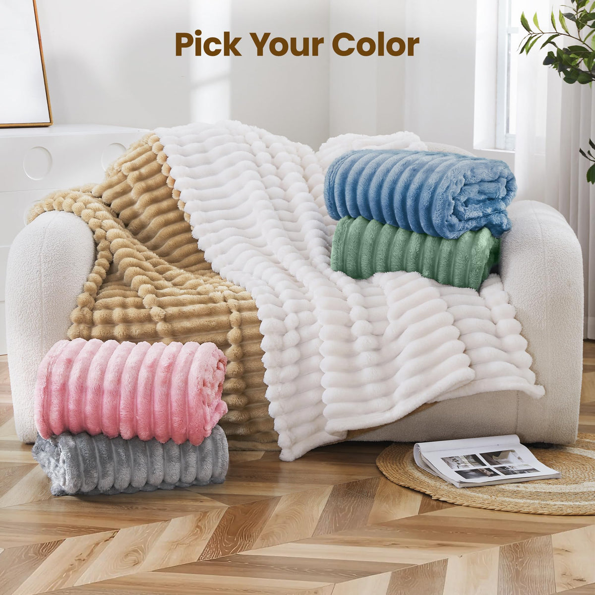 Taliska Ribbed Fleece Throw Blanket for Couch Bed Khaki 60 - Taliska Official Imagery - 8
