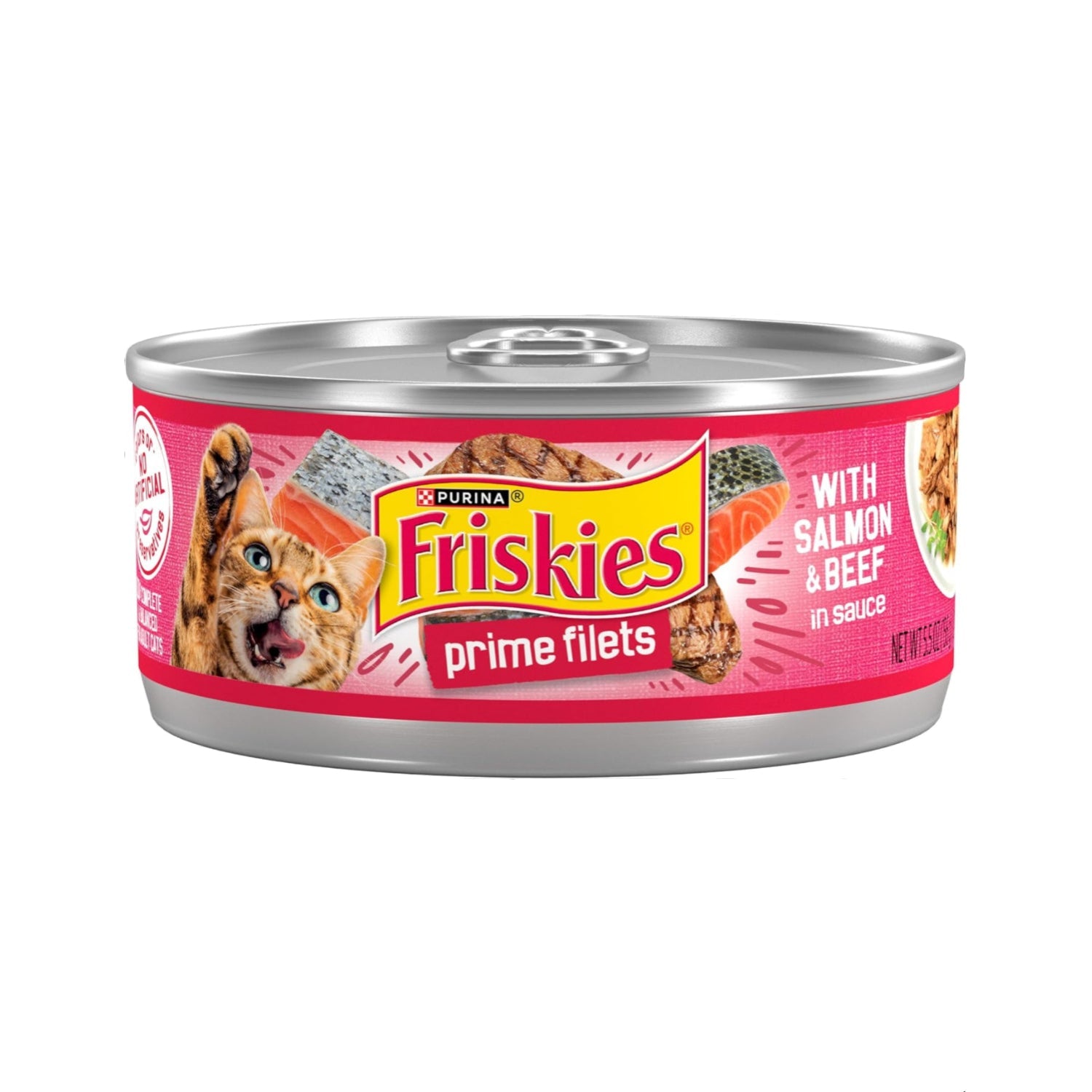 Cans of Purina Friskies Prime Filets wet cat food with salmon and beef in sauce, high protein, 5.5 oz each, pack of 24