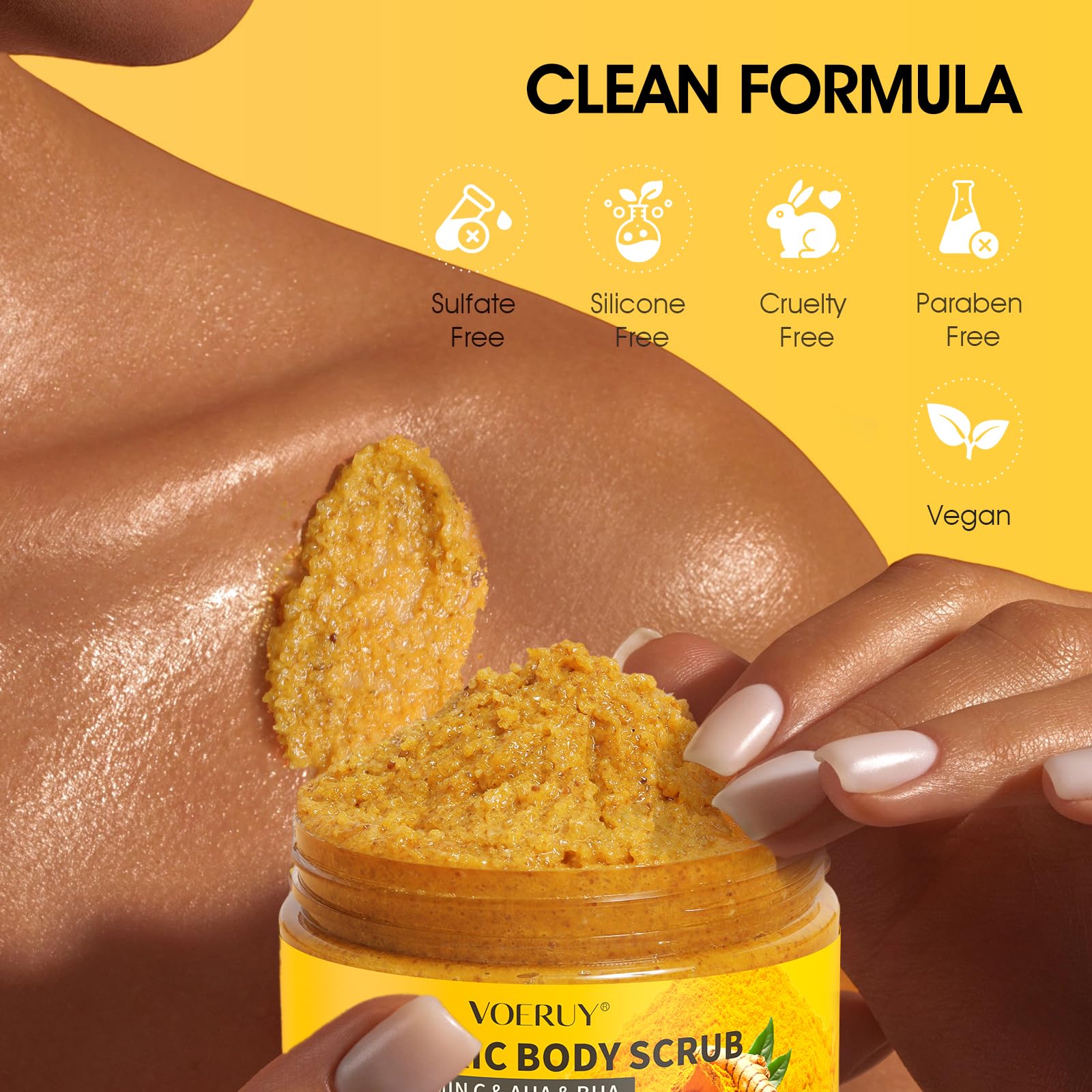 VOERUY Turmeric Body Scrub, 10% AHA - BHA & Vitamin C Exfoliating Body Scrub - VOERUY Official Product View 5