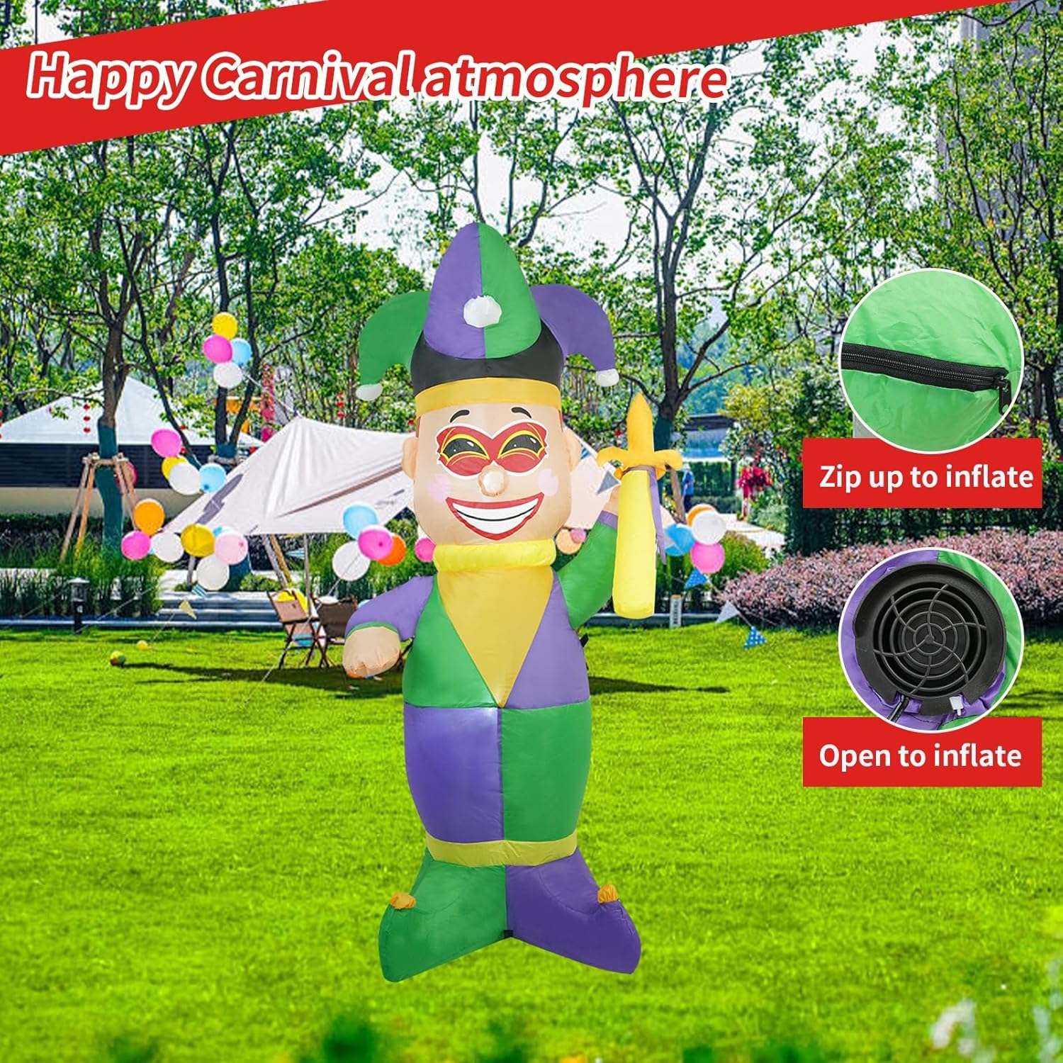 Large 5-foot clown inflatable decoration for Mardi Gras, branded SHDEJTG, featuring colorful clown design and festive appearance.
