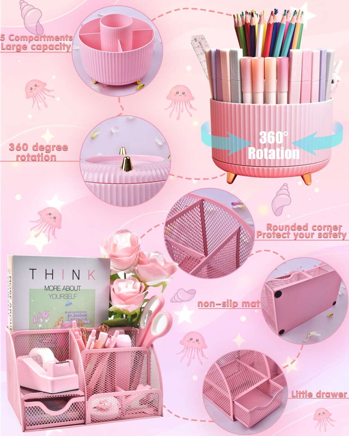 Pink Desk Accessories 21 Piece Office Supplies Gift Set for - LXEVIHK Official Imagery - 4