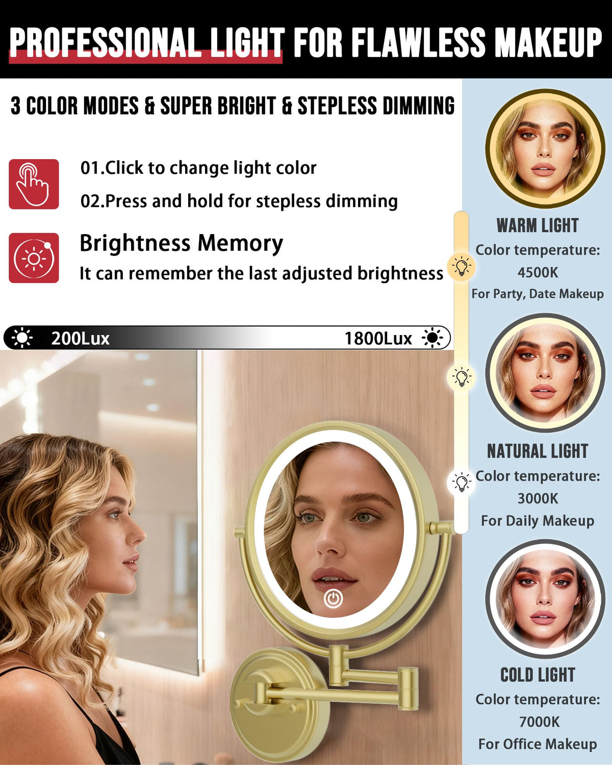 10 Brass Wall Mounted Makeup Mirror with Lights and - BrassyColux Official Imagery - 6