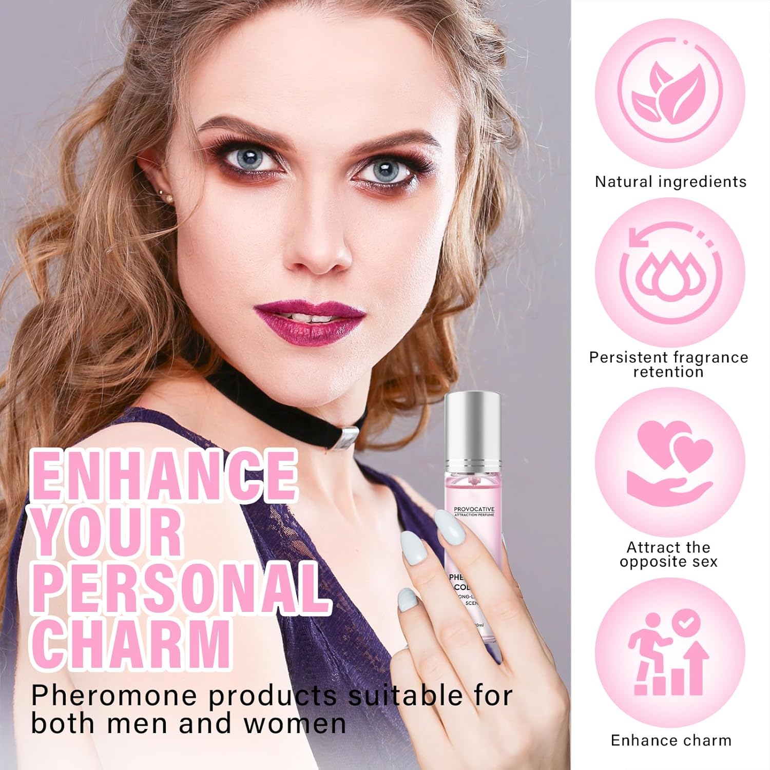 Richie House Pheromone Perfume for Women, roll-on scent with pheromone infusion, shown in a small glass bottle with a rollerball applicator.