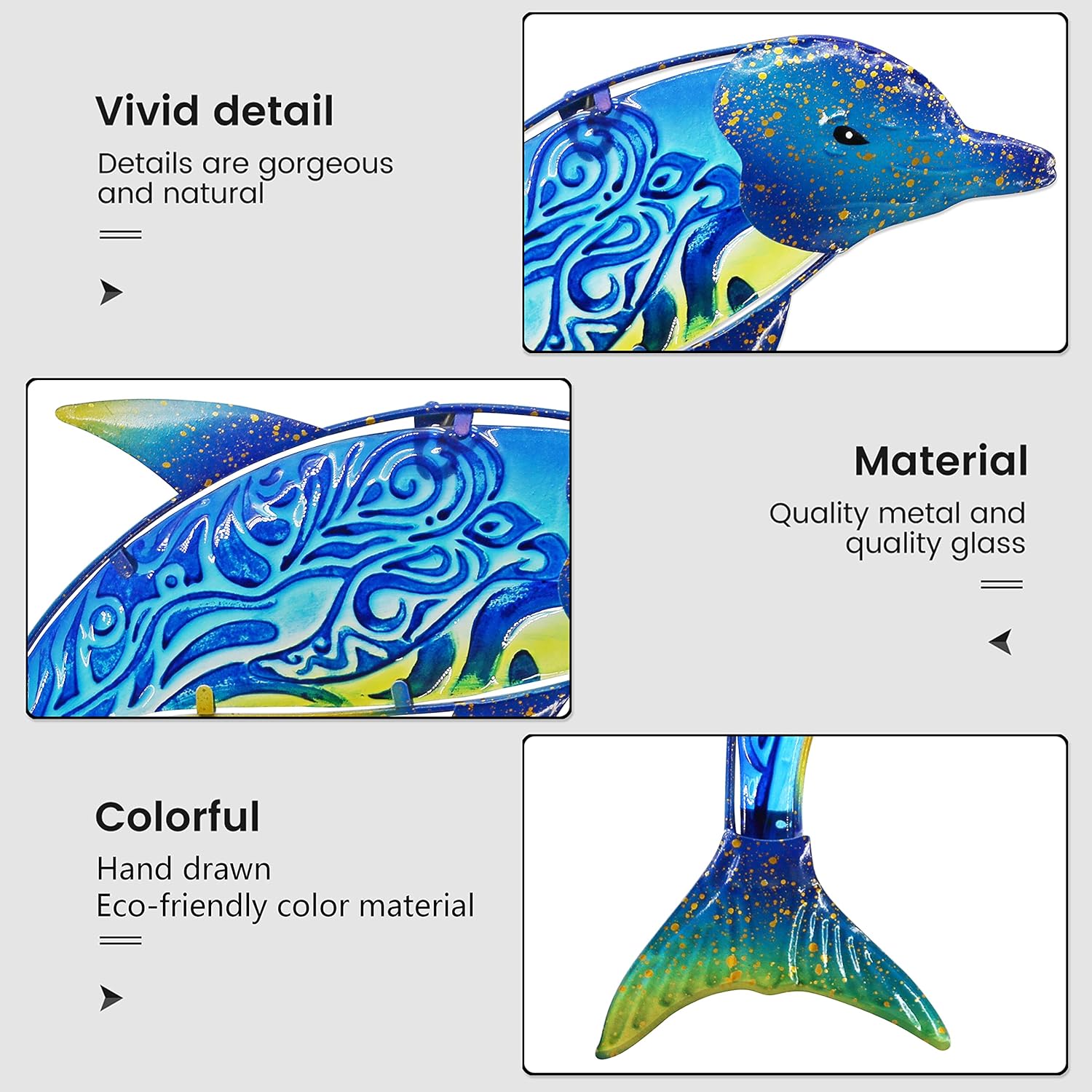 John's Studio dolphin wall decor outdoor metal fish sea hanging art with glass accents, featuring a vibrant marine design.