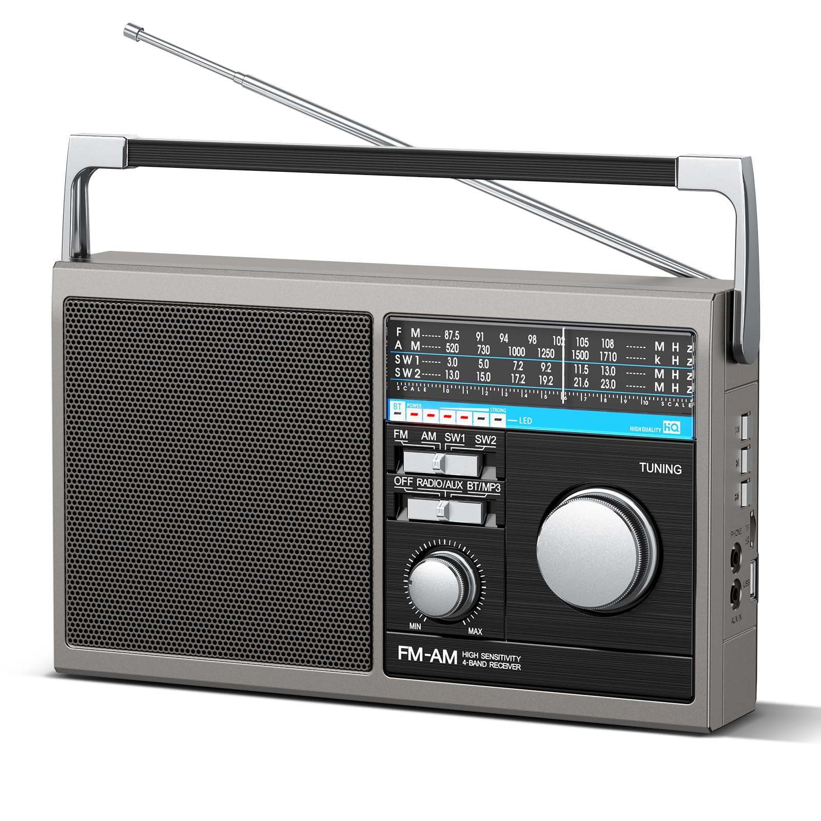 Yewrich Portable AM FM Shortwave Radio with Bluetooth, Gray