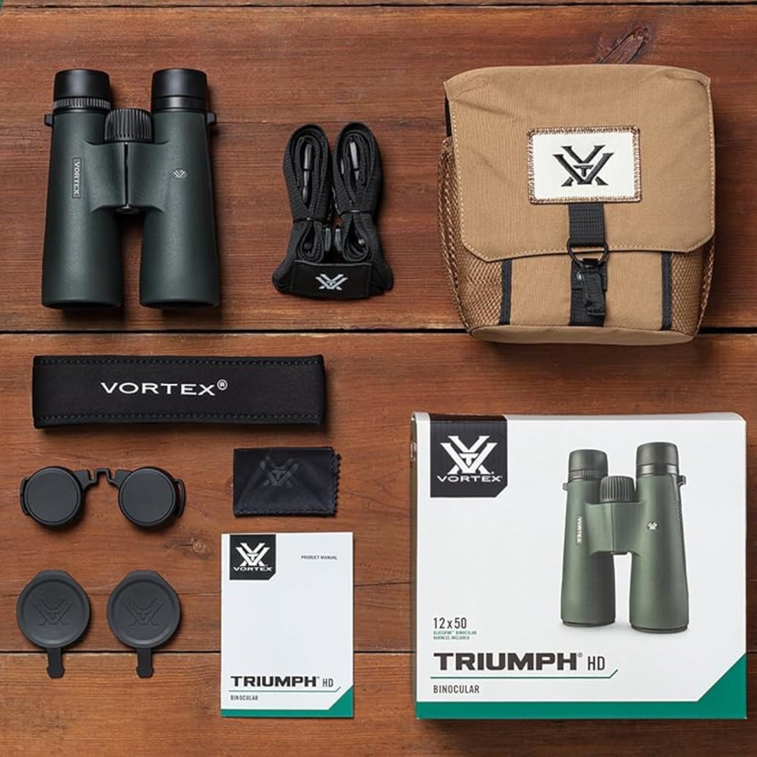 Elefair Vortex Triumph HD 12x50 binoculars with shock resistance and tripod mount capability, showing the rugged exterior and lens details.