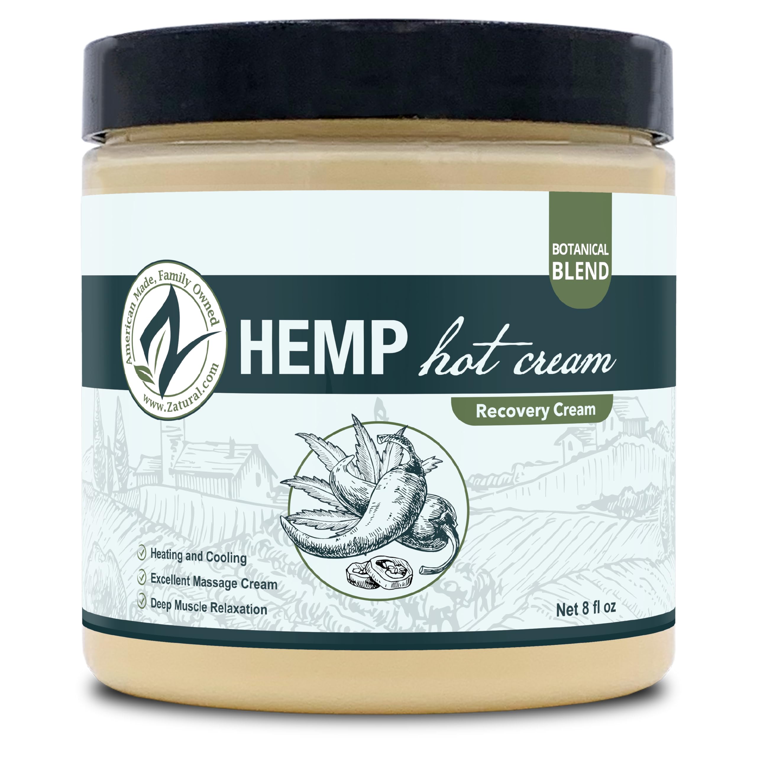 Zatural Hemp Hot Cream Massage Joints and Muscles and Body Wraps Essential Oil Blend, Aloe, Hemp, and More (8oz jar)