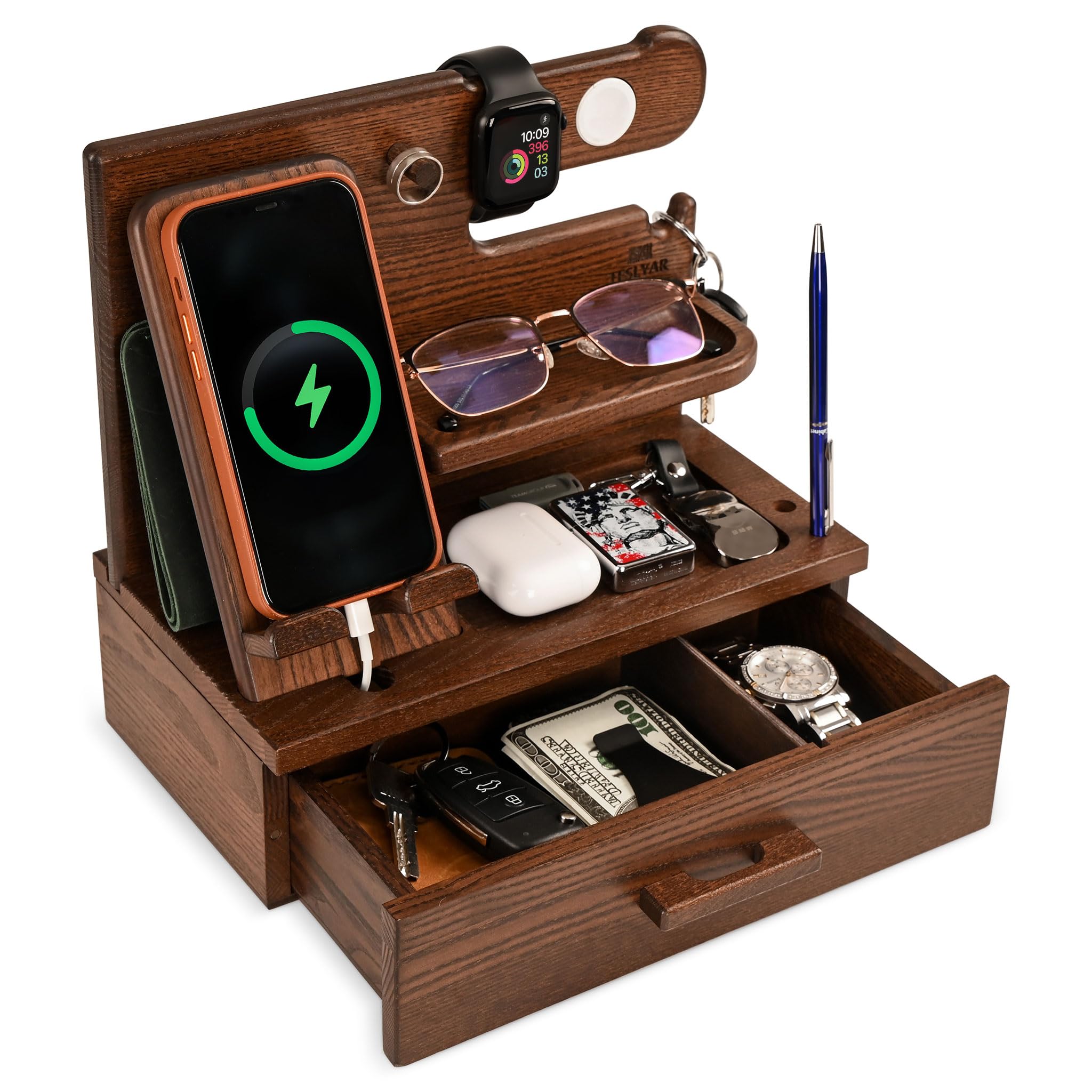TESLYAR Wood Phone Docking Station with Drawer - TESLYAR Official Imagery - 2