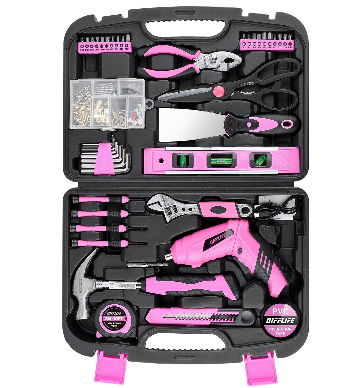143 Piece Pink Tool Set Home Repair Kit with Power - DIFFLIFE KINETIX Official Imagery - 1