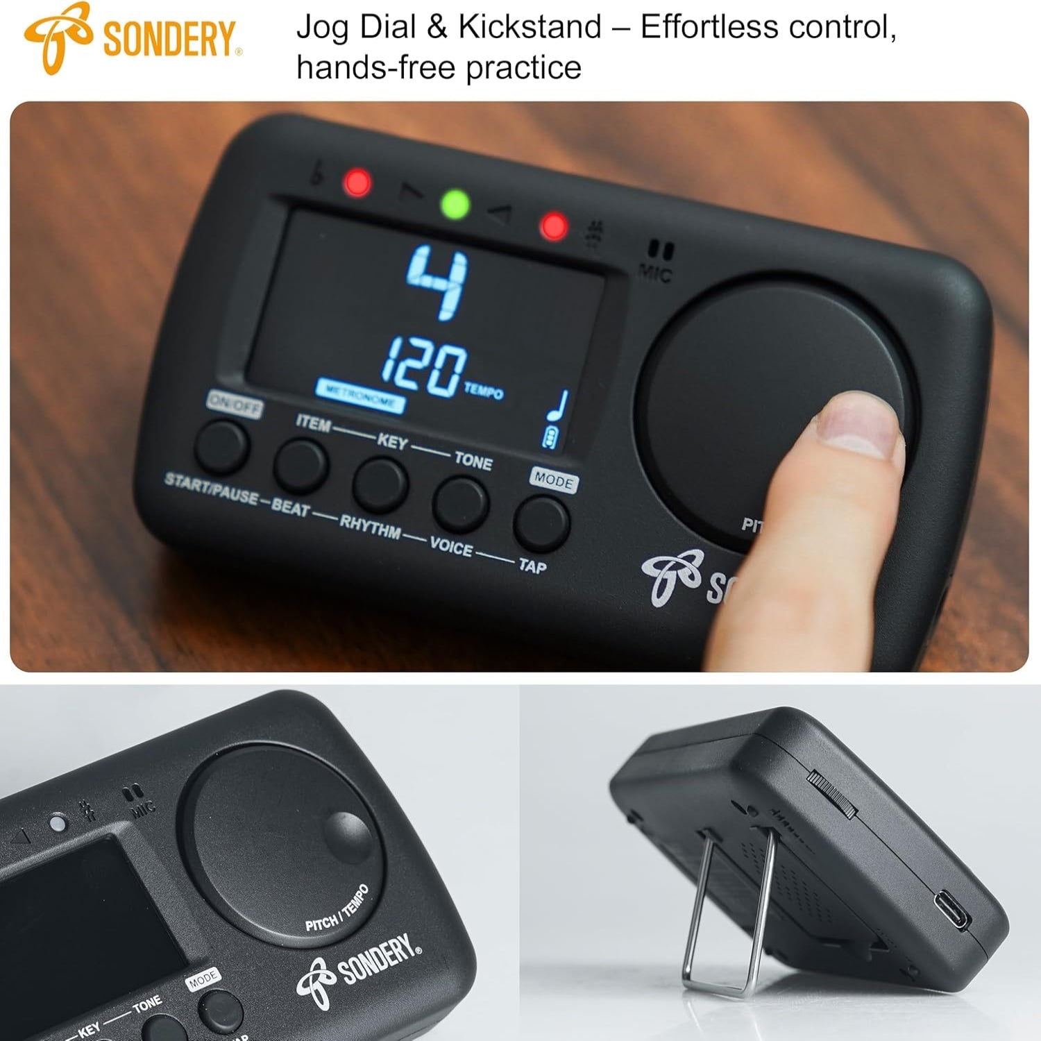 Sondery 3-in-1 digital metronome and tuner for all instruments, rechargeable device with LCD display and adjustable settings.