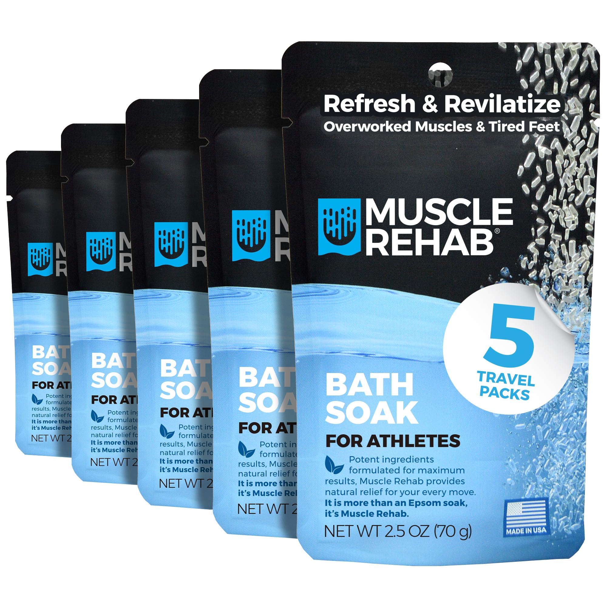 Muscle Rehab Epsom Salt Bath Soak 5 Travel Packets with Arnica and Magnesium for Muscle Pain Relief : Portable Foot Soak for Athletes and Active Recovery