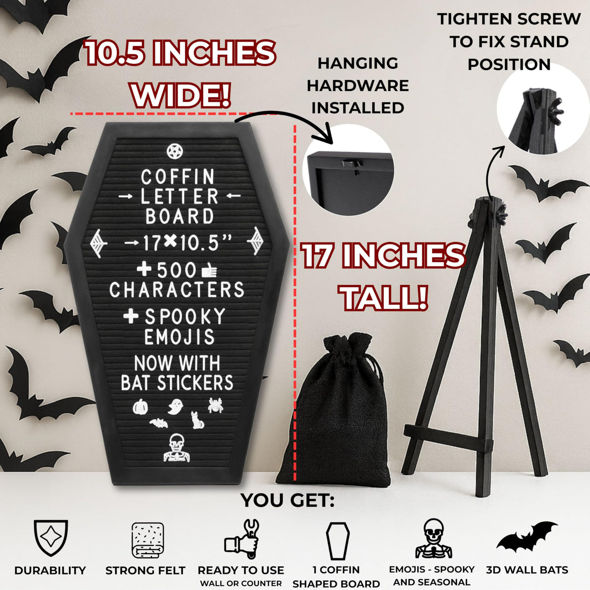 Coffin Letter Board Black Goth Decor with Bat Stickers - Nomnu Official Imagery - 5