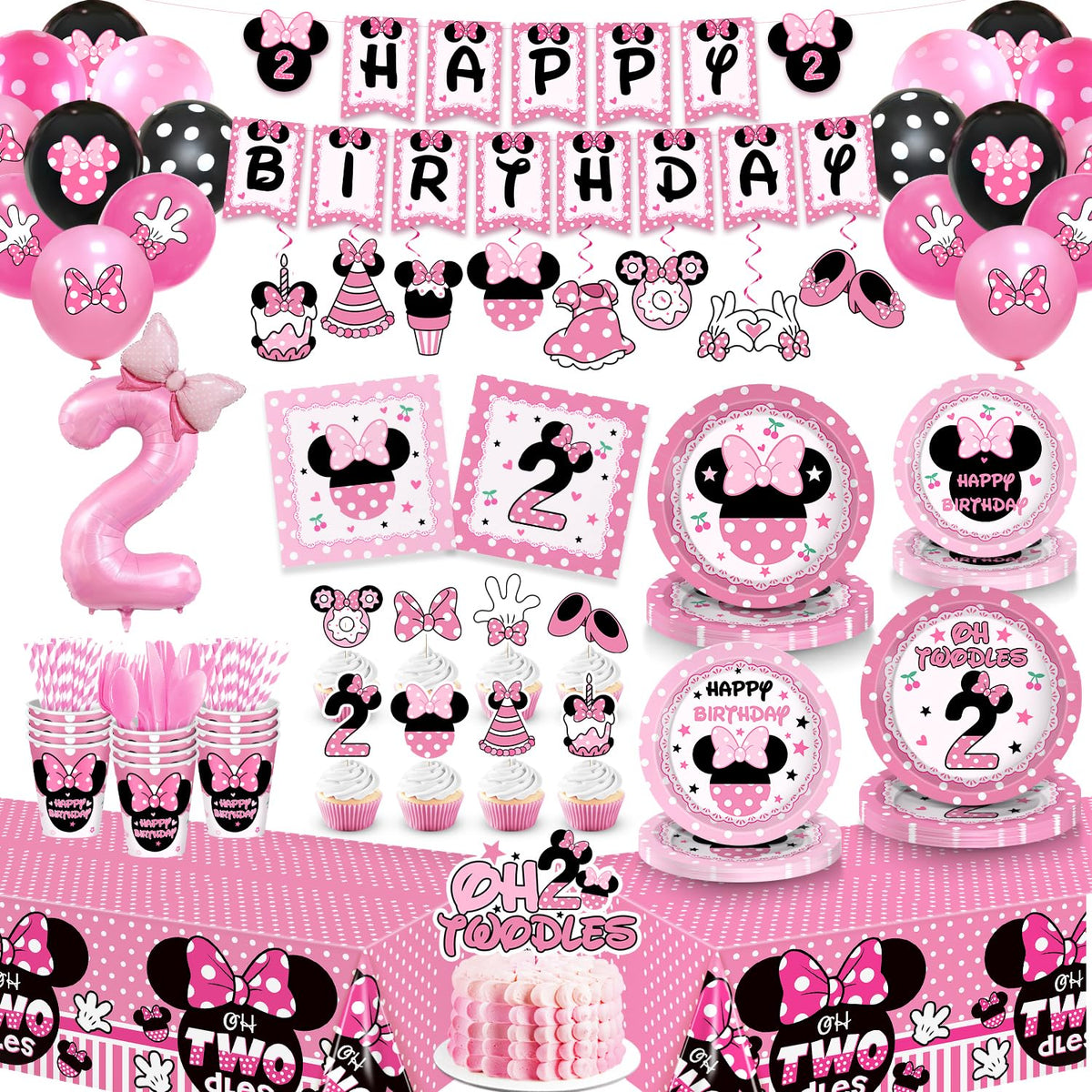 247 Pcs Oh Twodles Birthday Party Supplies Girl Happy 2nd - XSOOH Official Imagery - 2