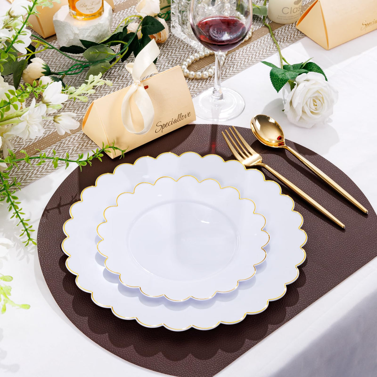 LIYH 60 Pcs White Plastic Plates with Gold Rim Scalloped - LIYH Love in your heart Official Imagery - 5