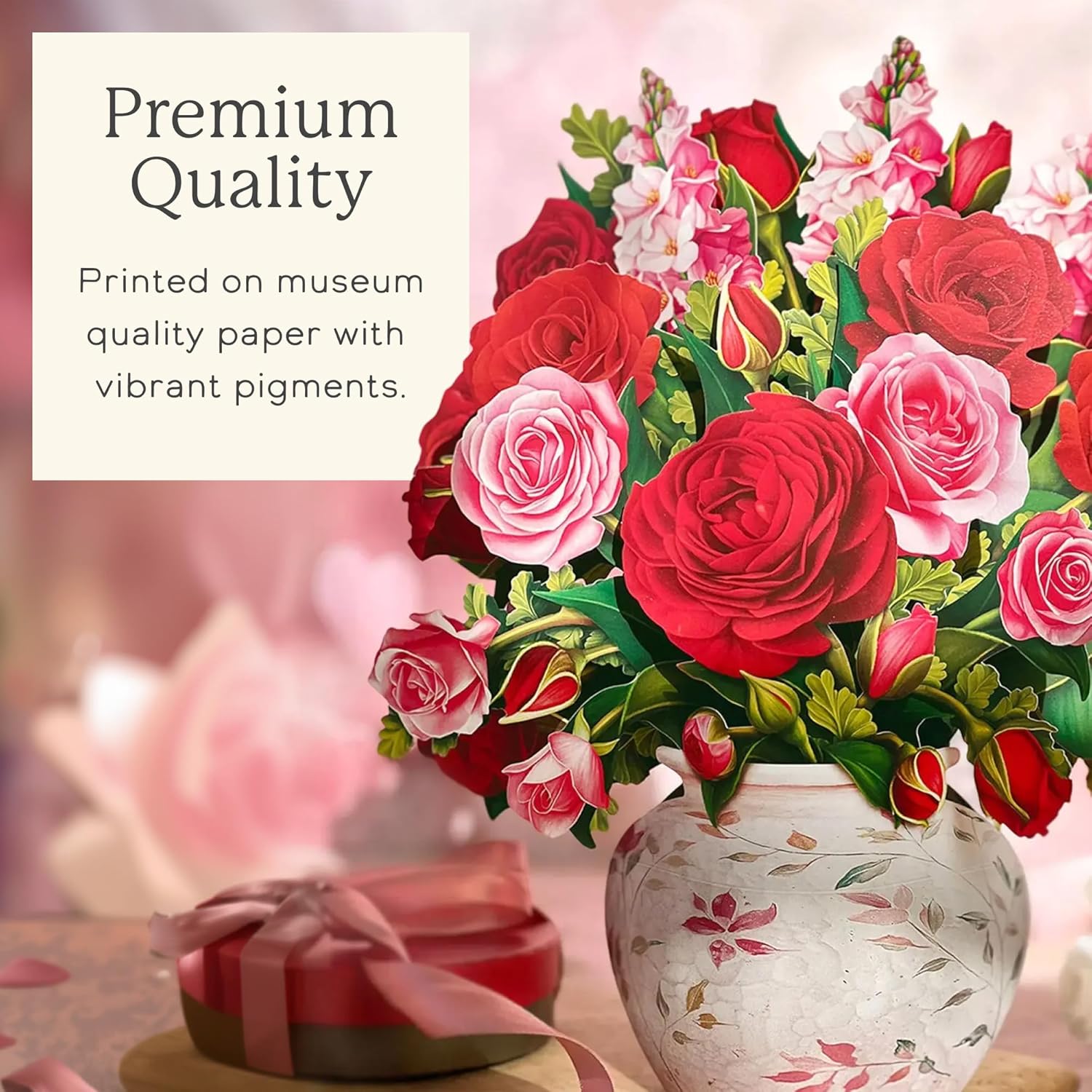 Life-sized 13-inch Blooming Roses 3D pop-up card by Freshcut Paper, perfect for anniversary, Valentine's Day, or Mother's Day.