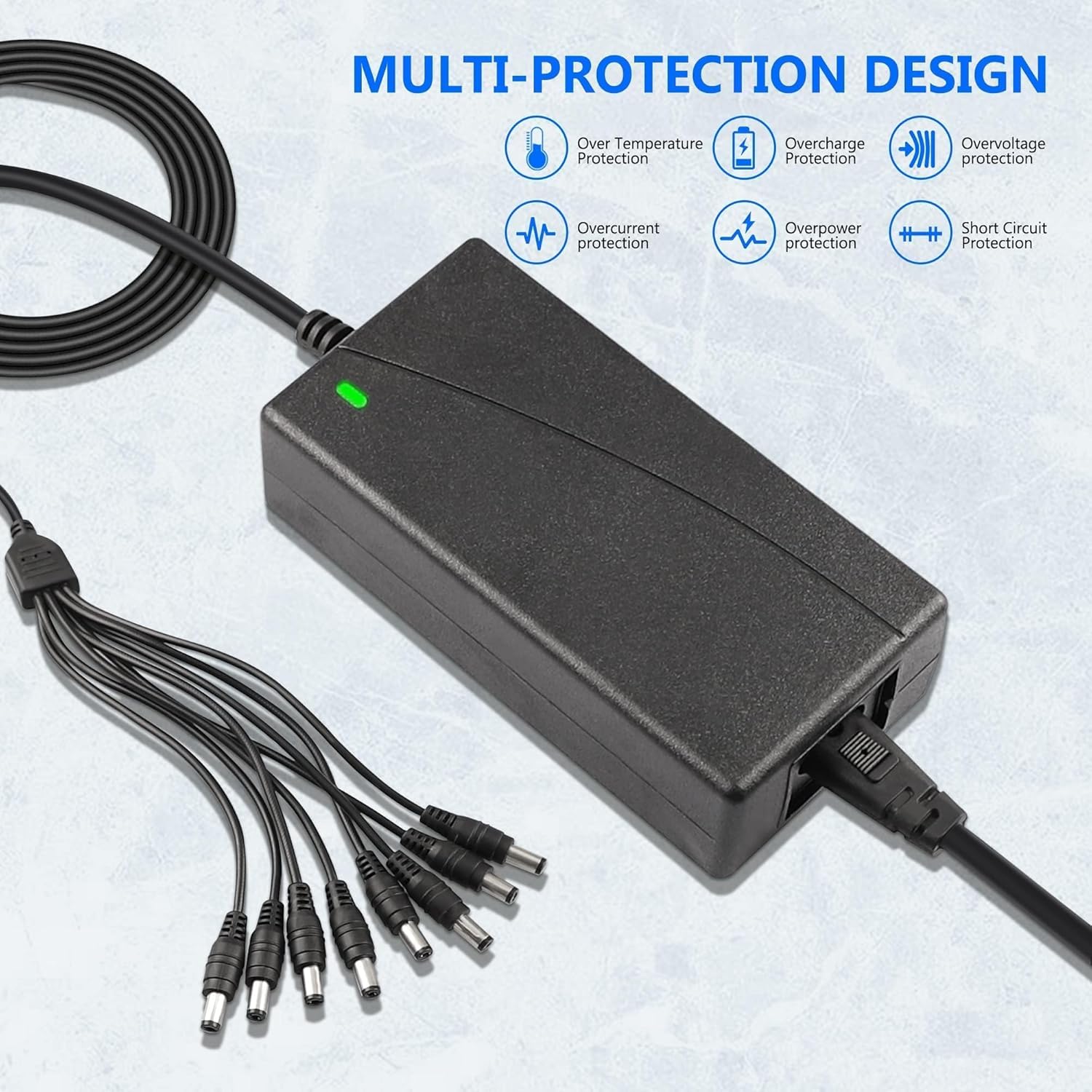 BXIZXD 12V 5A security camera power adapter with 8-way splitter, AC to DC LED transformer, suitable for surveillance systems.