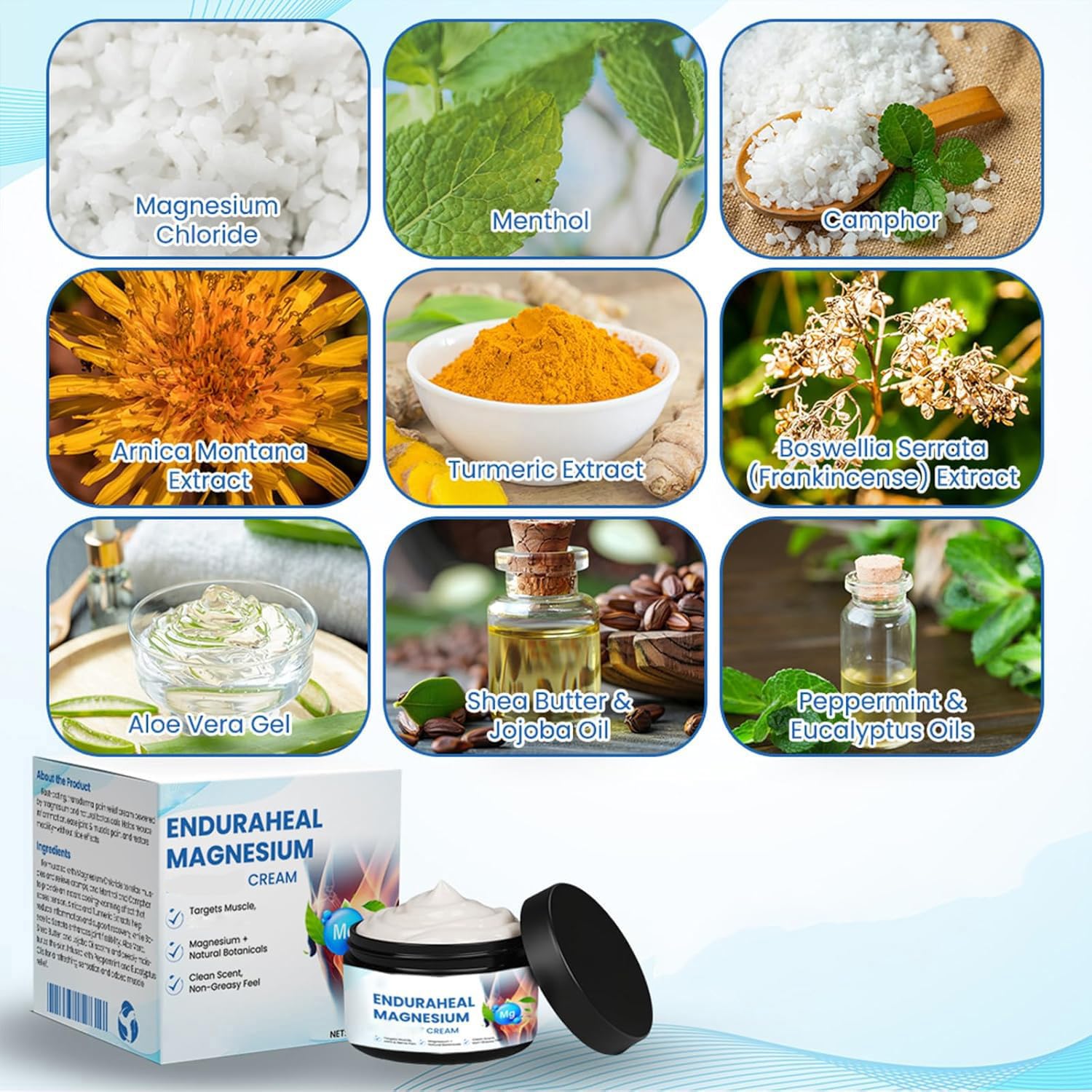 iYanoc EnduraHeal Magnesium Cream 2-pack, 50g jars, a skin moisturizer for joint relief with magnesium ingredients.