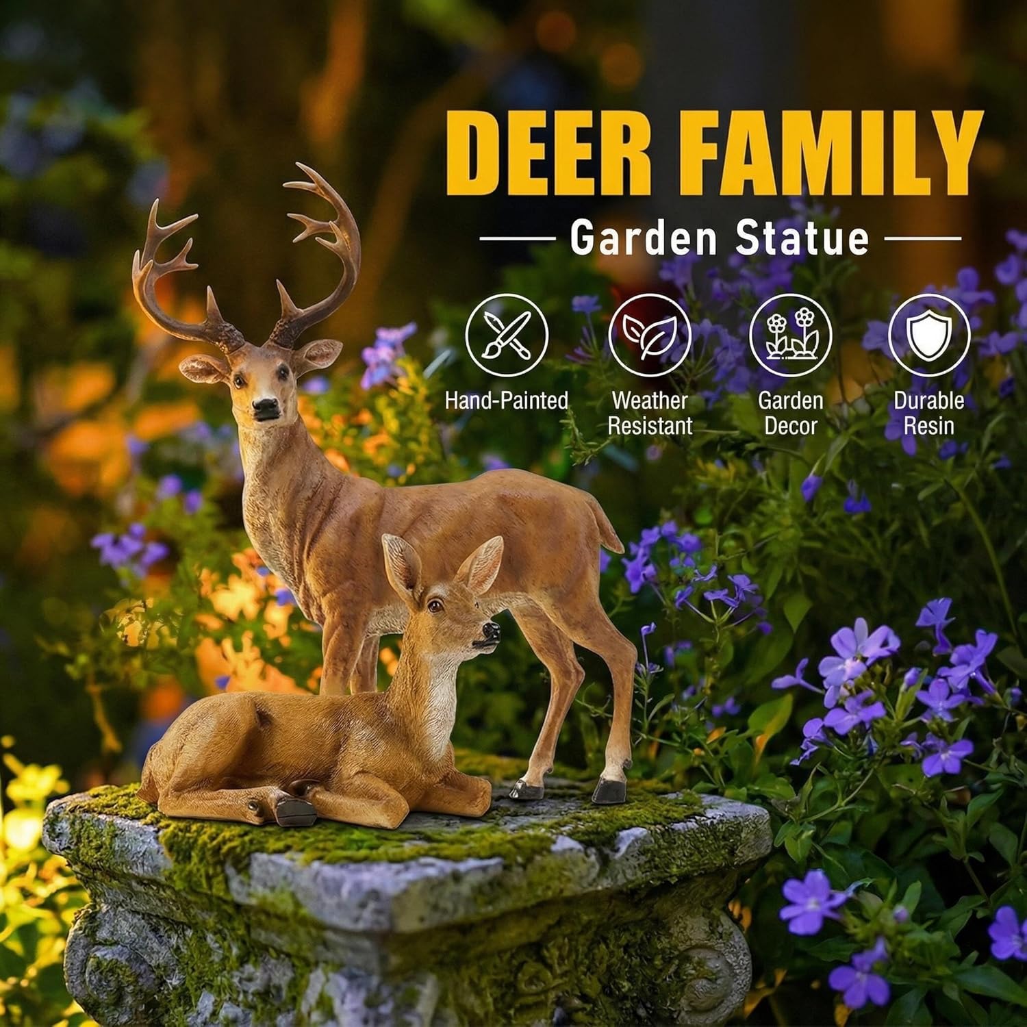 XTAPAN resin deer figurines, female and standing male deer statues for home or garden decor, detailed animal sculptures.