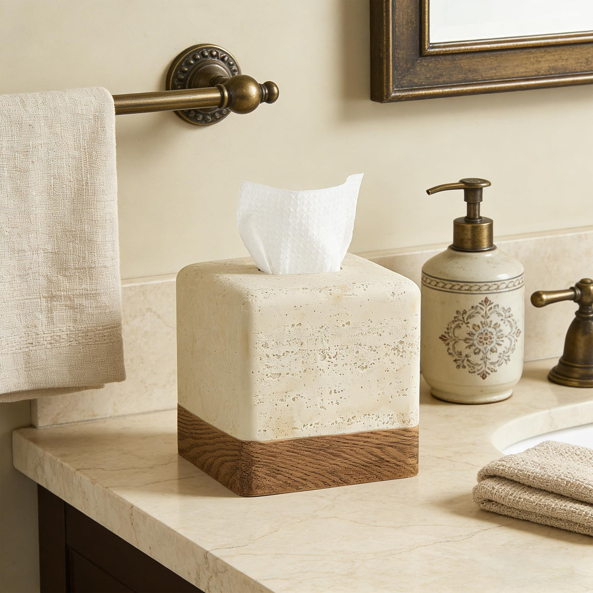 Natural Travertine Look Match Wooden Square Tissue Box Cover - Polytree Official Imagery - 4