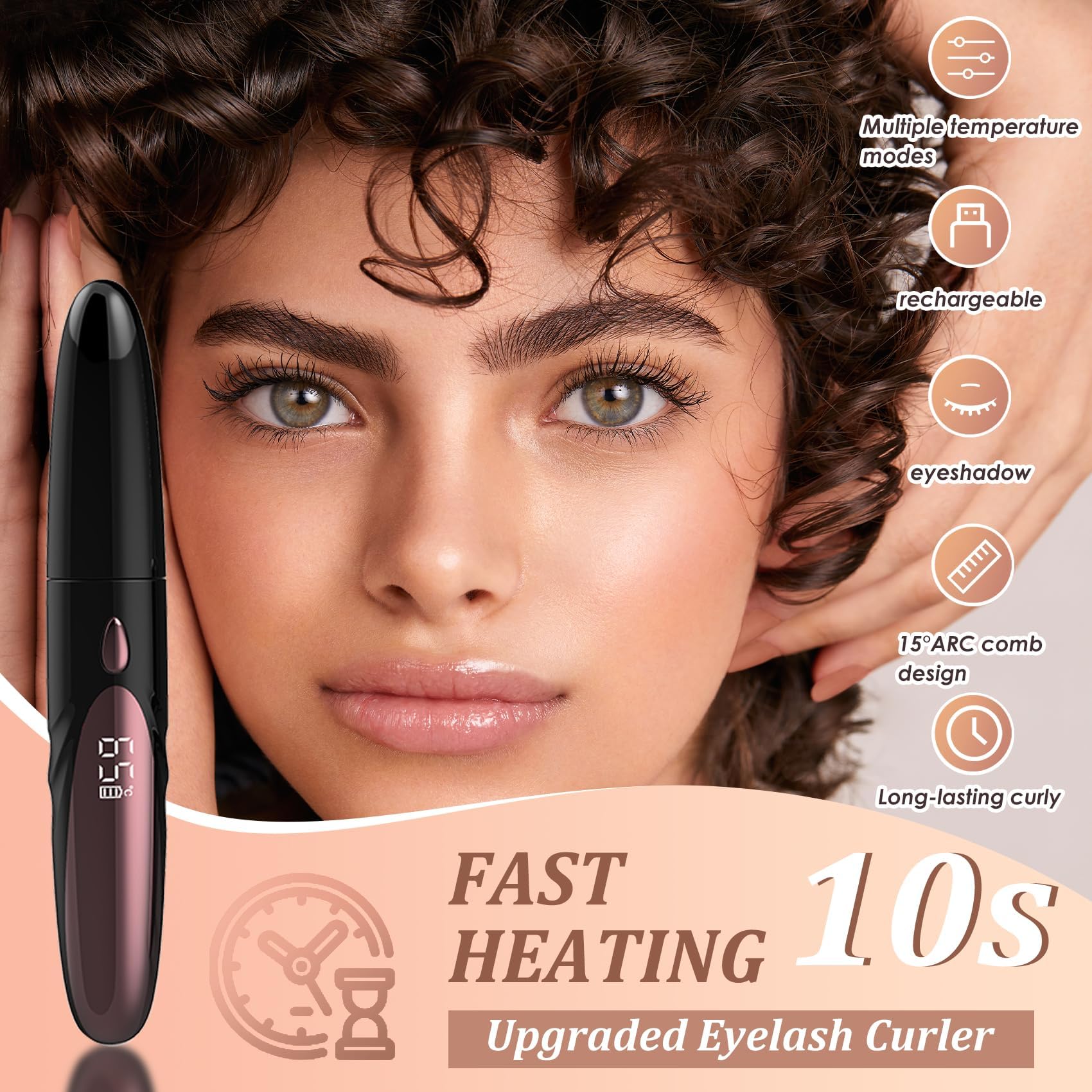 Gacavks electric heated eyelash curler in black with LED display, USB rechargeable, 4 heat modes, fast 10s heat-up, long-lasting lift.