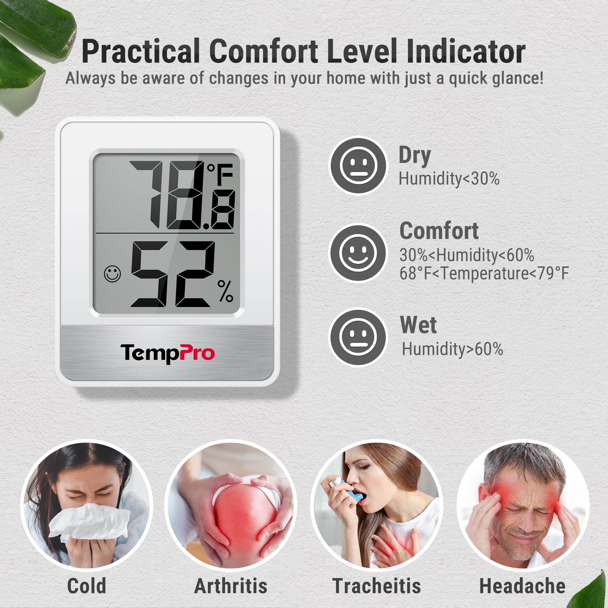 TempPro TP49 Digital Hygrometer Indoor Thermometer by TempPro - Angle View 4