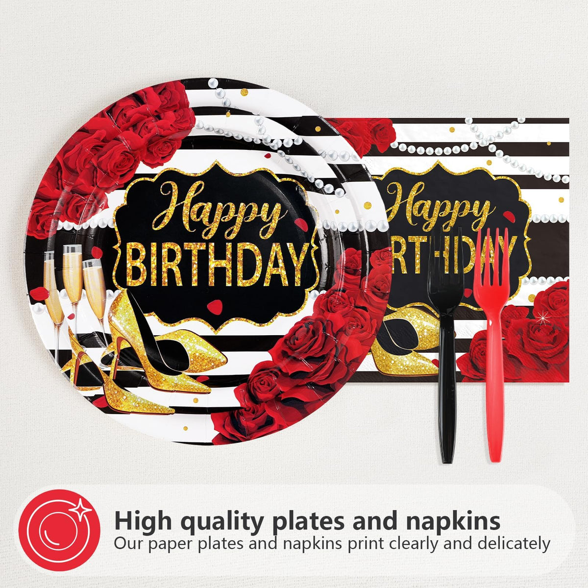 96Pcs Red Glitter Roses Birthday Party Decorations Serves 24 - Greencian Official Imagery - 5