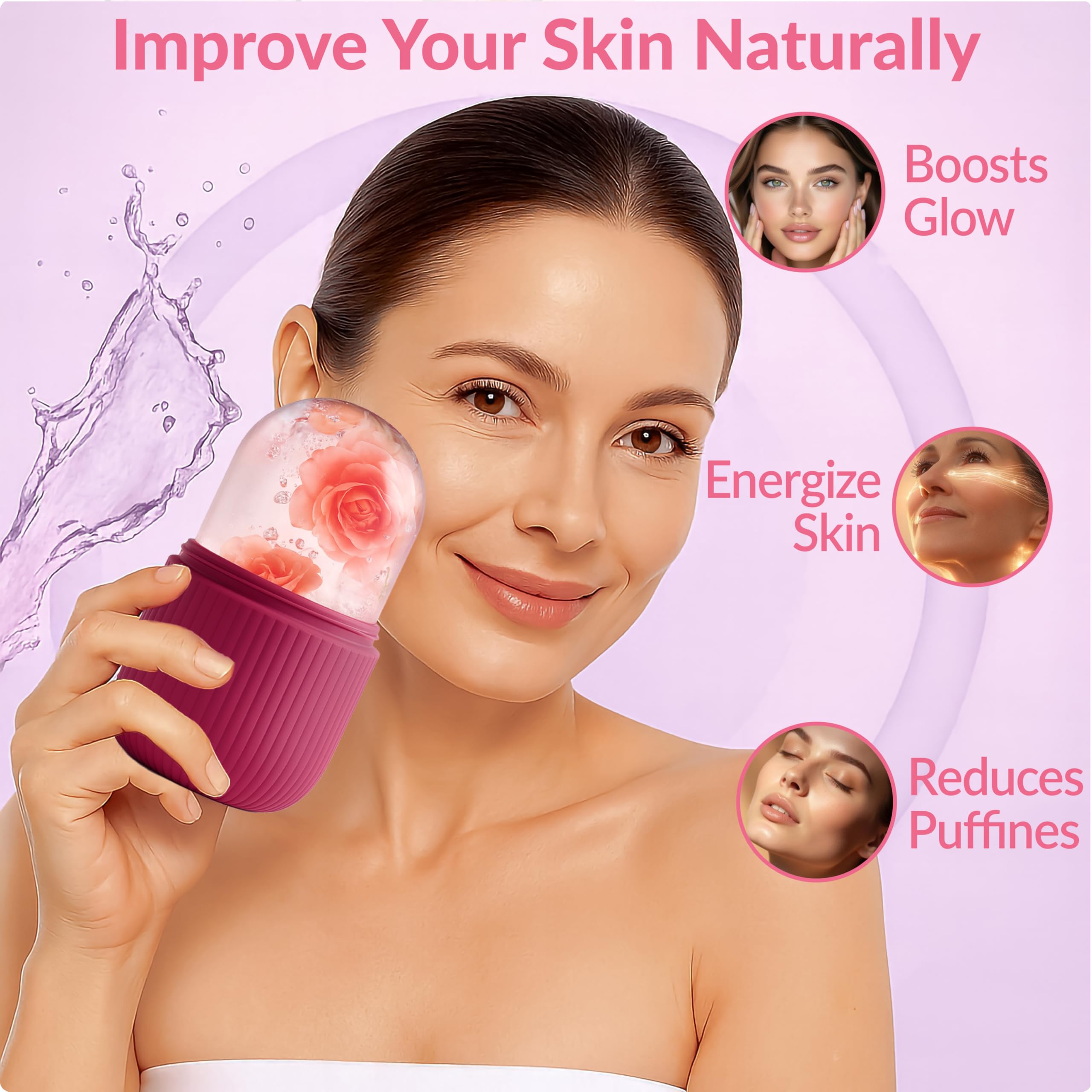 Brookstone IcyGlow ice roller kit for face and neck in pink, featuring a sleek massager for soothing skincare routines.