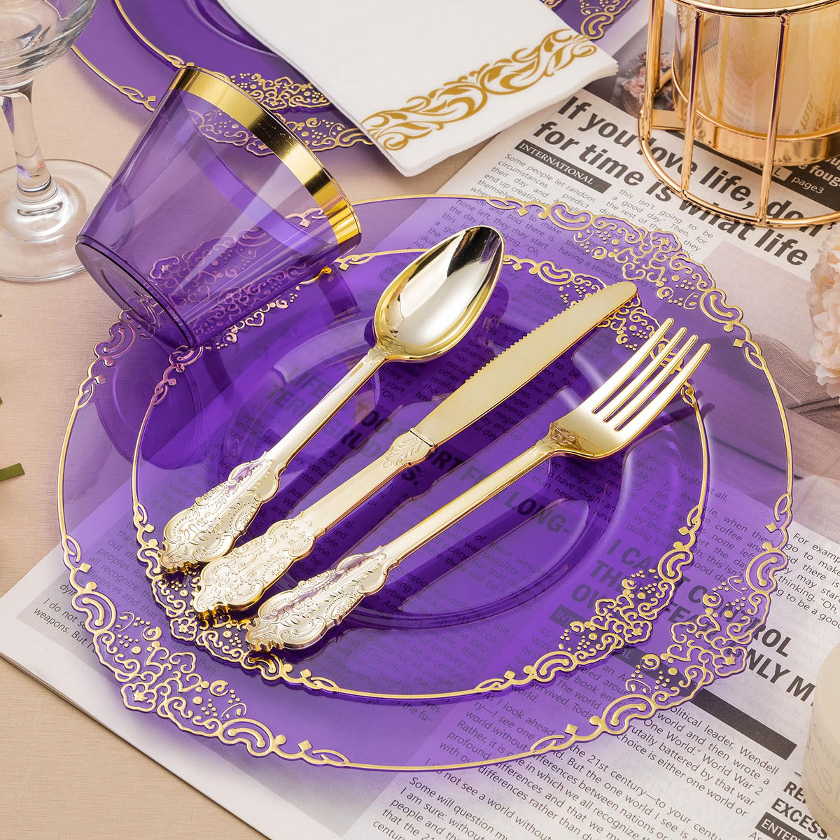 175PCS Clear Purple Plastic Plates for 25 Guests - Bestluck Official Imagery - 3