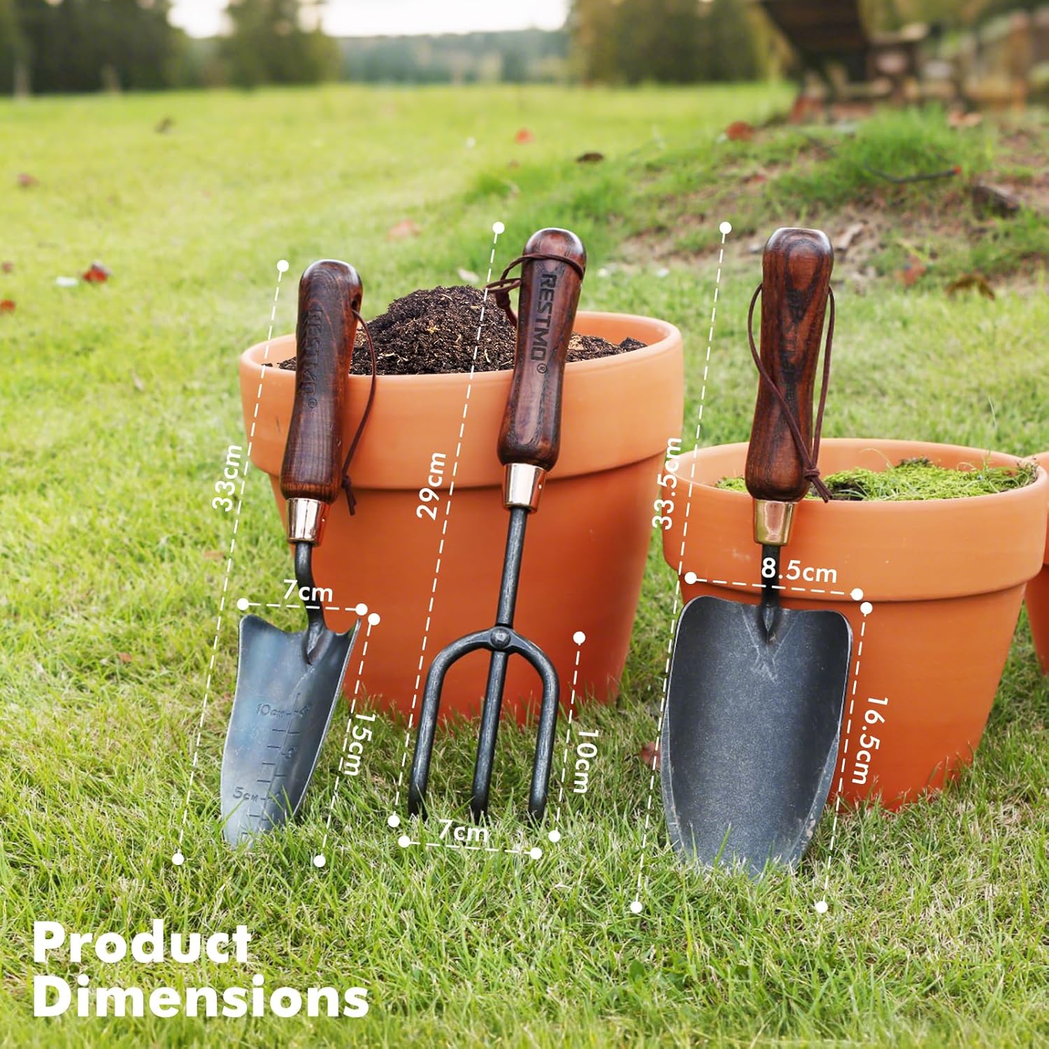 Restmo 3-in-1 heavy-duty gardening tools kit with premium carbon steel tools, including pruners, trowel, and cultivator for gardening tasks.