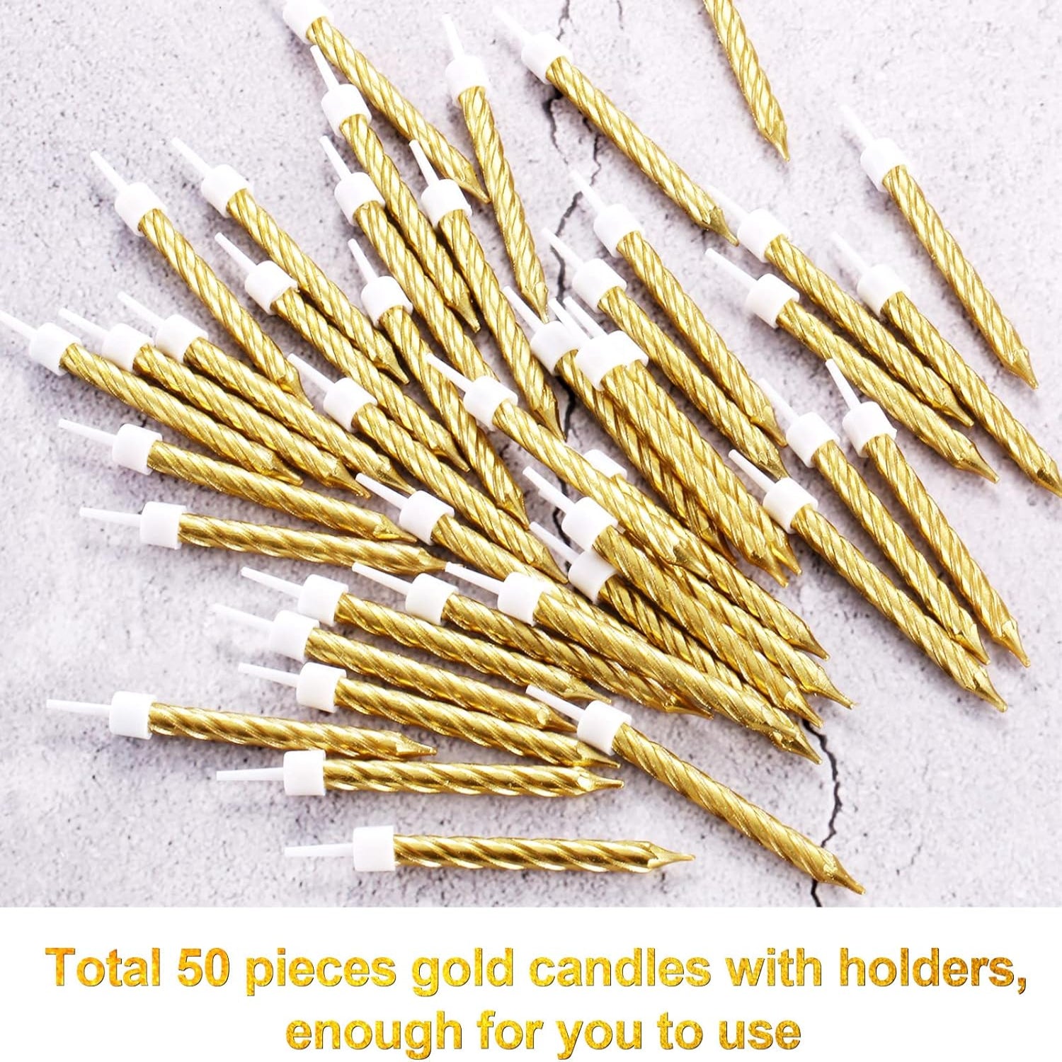 Set of 50 gold metallic spiral birthday candles by Blulu, ideal for decorating cakes and cupcakes.