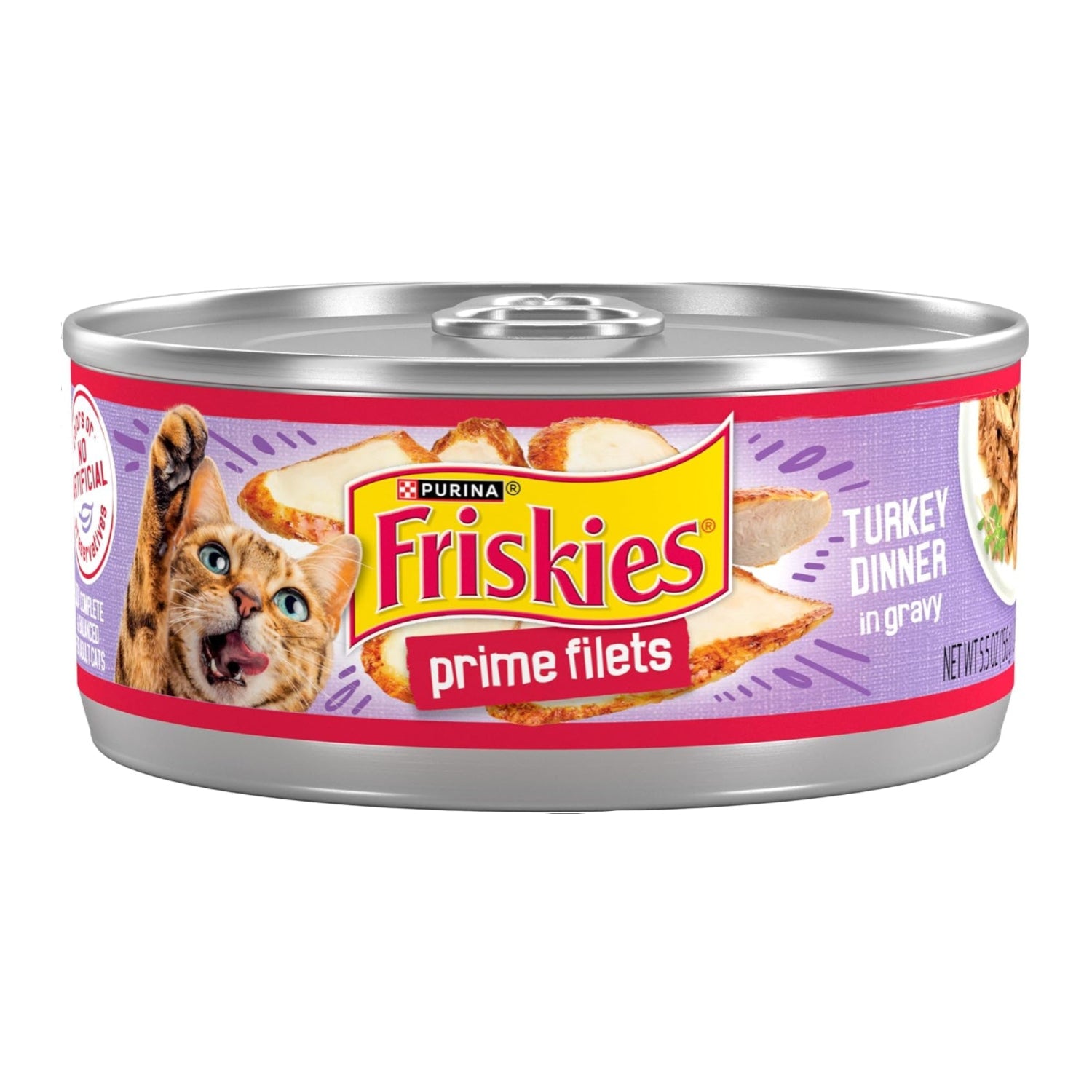 Cans of Purina Friskies Prime Filets Turkey Dinner wet cat food in gravy, 5.5 oz, pack of 24, featuring turkey pieces in rich gravy