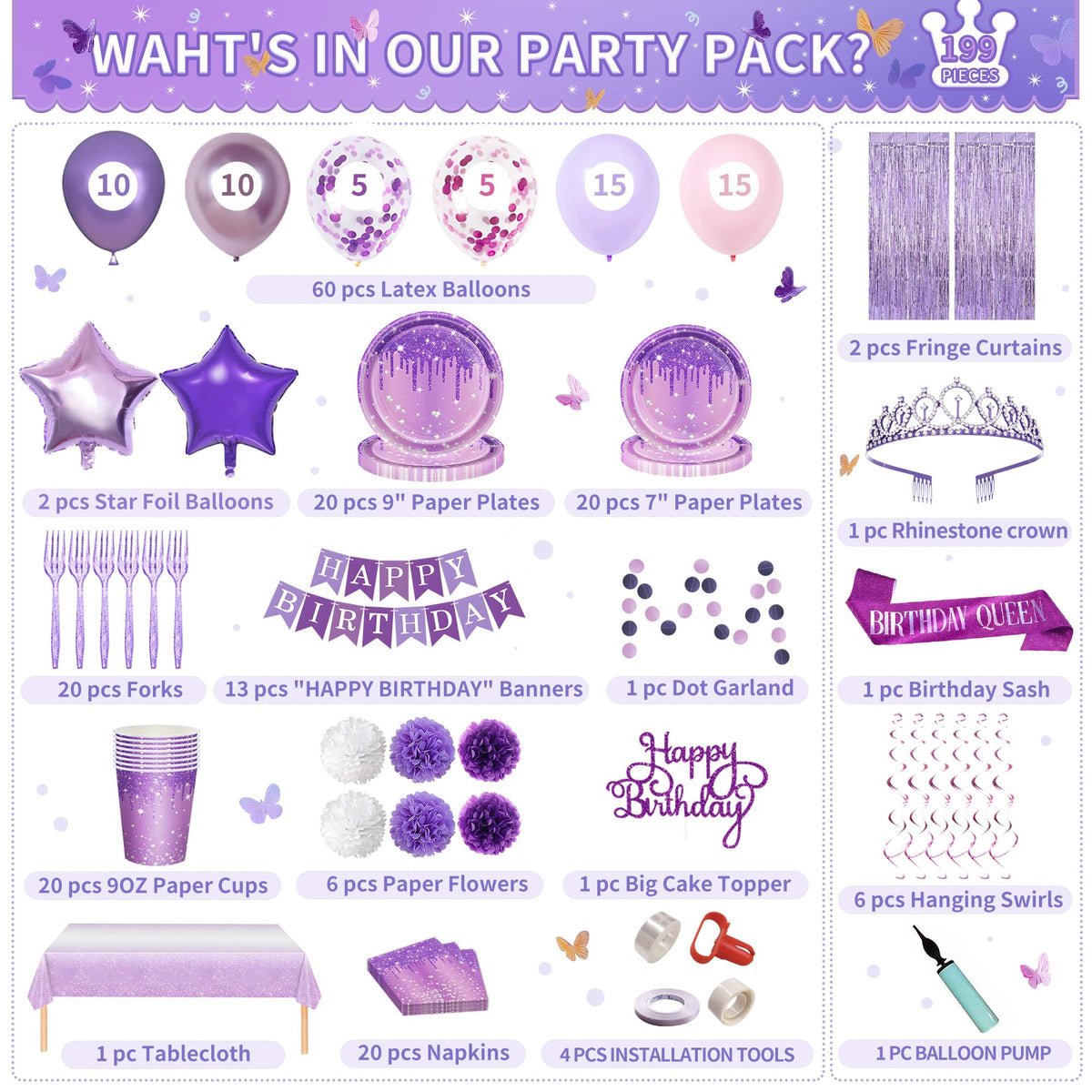 199 Pcs Purple Birthday Party Decorations For Women Happy - Party Spot! Official Imagery - 5