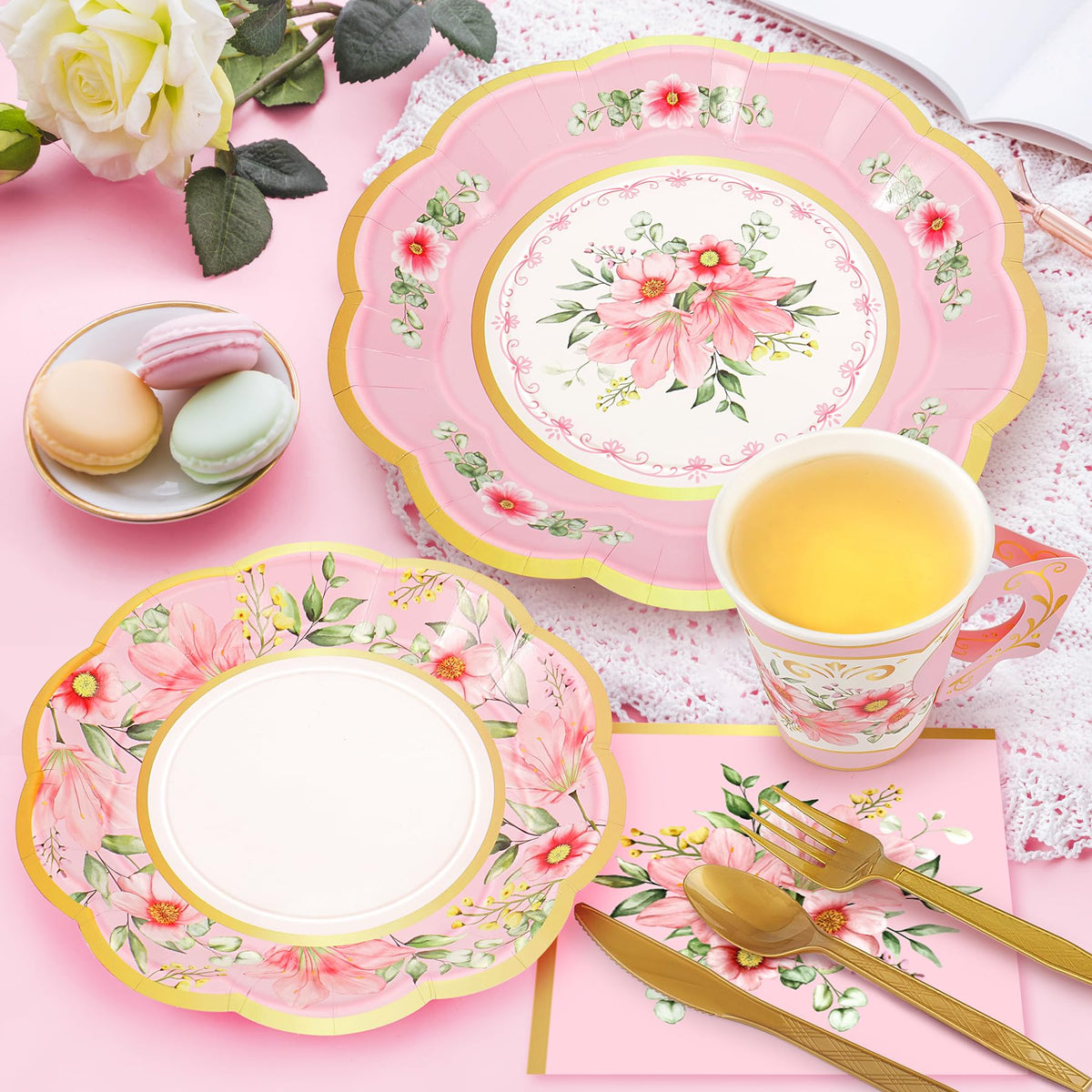 168PCS Flower Tea Party Supplies Pink Vintage Floral Party - Fighting to Achieve Official Imagery - 6