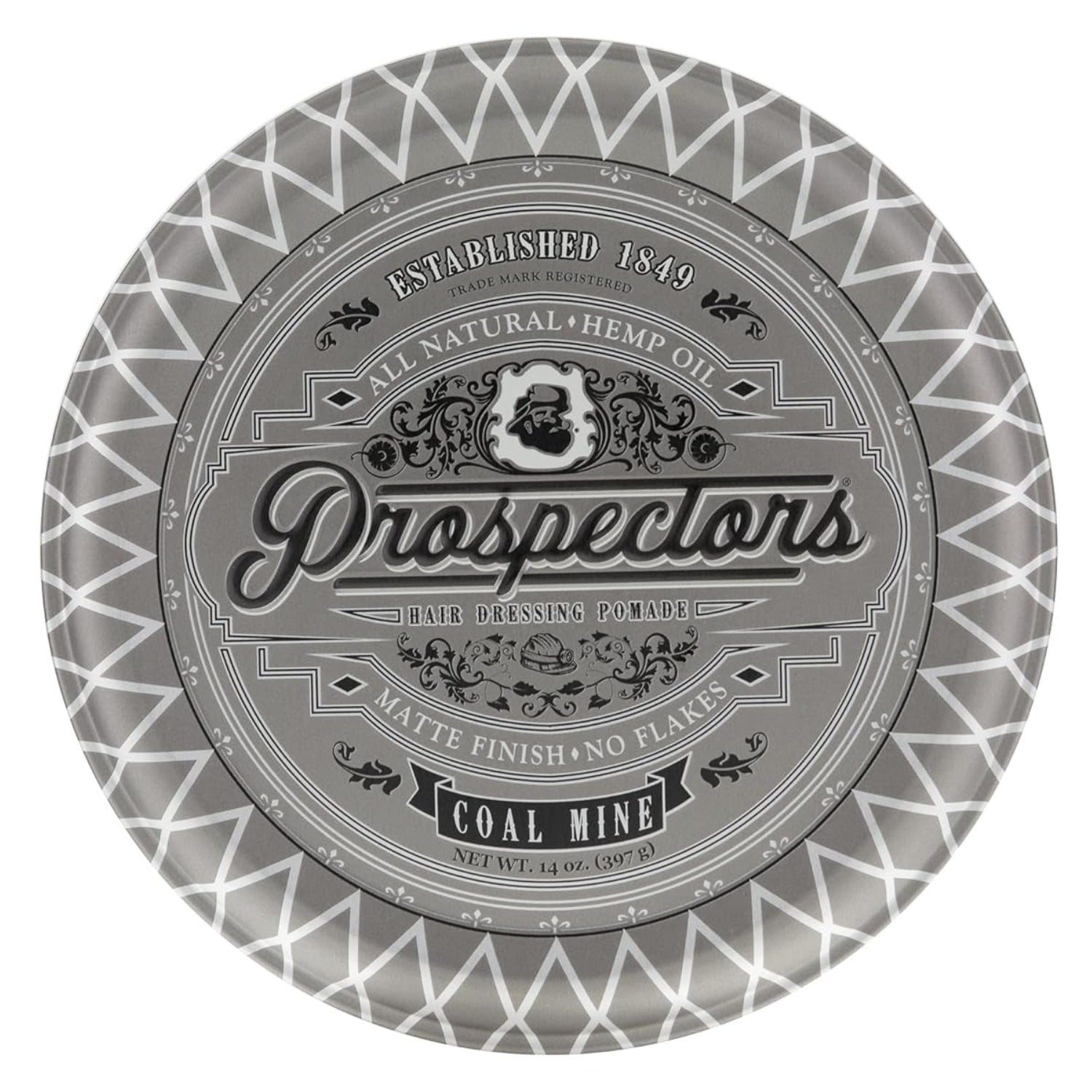PROSPECTORS Coal Mine matte clay hair pomade in 14 oz tin can, featuring a dark label and silver lid on a black background.