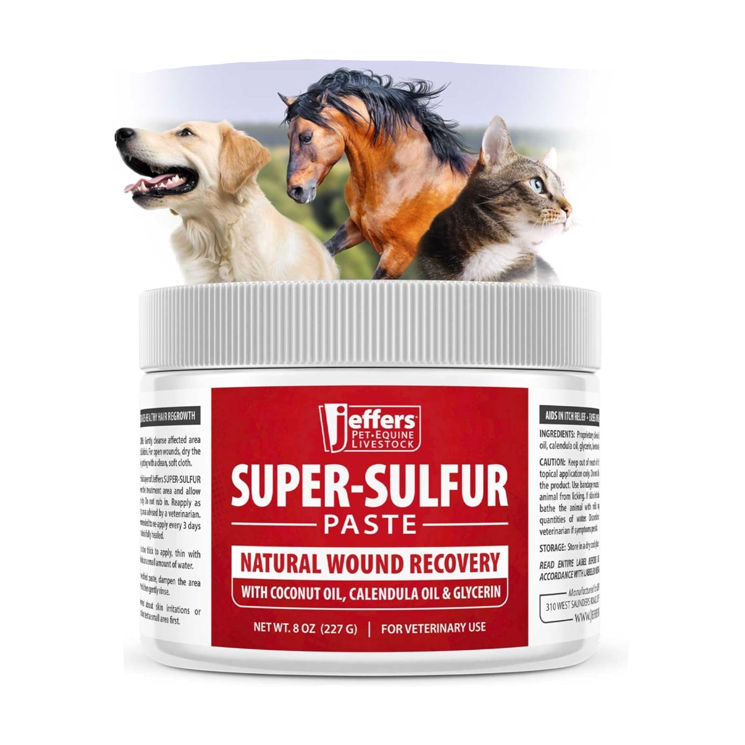 Jeffers Super Sulfur natural healing paste in 8 oz jar for wound care, suitable for dogs, cats, and horses.
