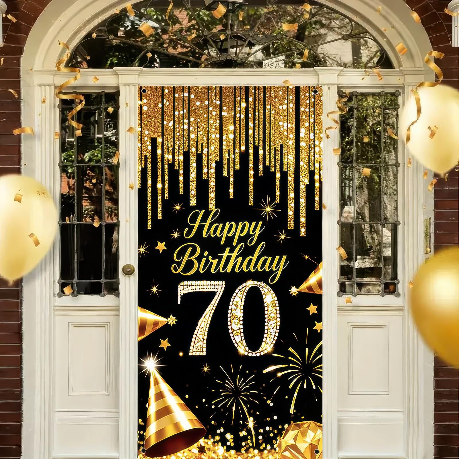 HOMETITUTE 70th Birthday Door Cover 35x71 Inch Black Gold - Product Imagery
