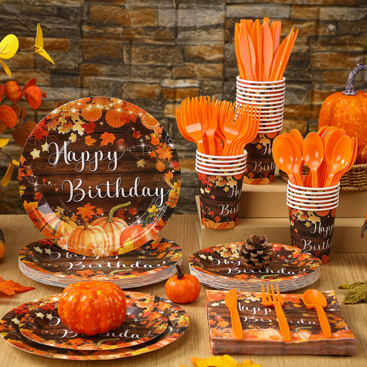 168 Fall Birthday Party Favors Pumpkin Tableware Set Serves - Sunnychicc Official Imagery - 3