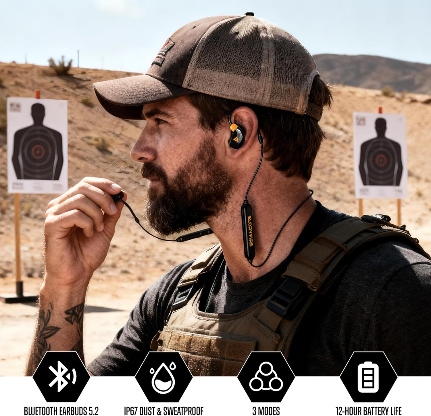 GLORYFIRE Bluetooth shooting ear protection earplugs in black and safety orange, designed for hearing safety during shooting activities.