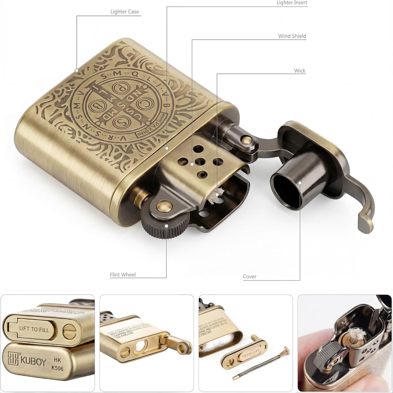 Vintage KUBOY brass kerosene lighter with antique style and silicone sealing, showcasing a solid brass design and vintage craftsmanship.