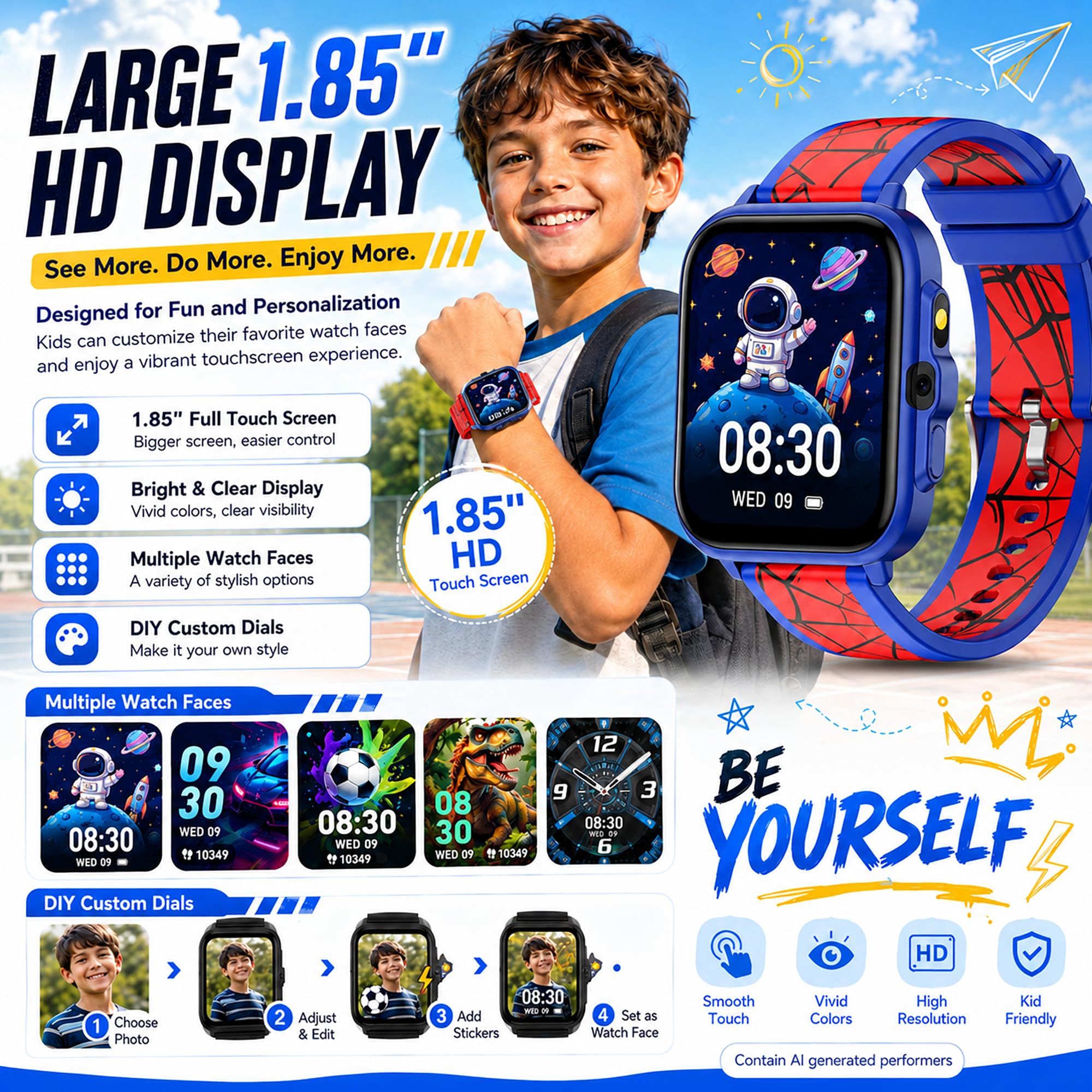 WZWNEER Smart Watch for Kids Boys Age 5-12, Ai Functions Games HD Touc - View 3