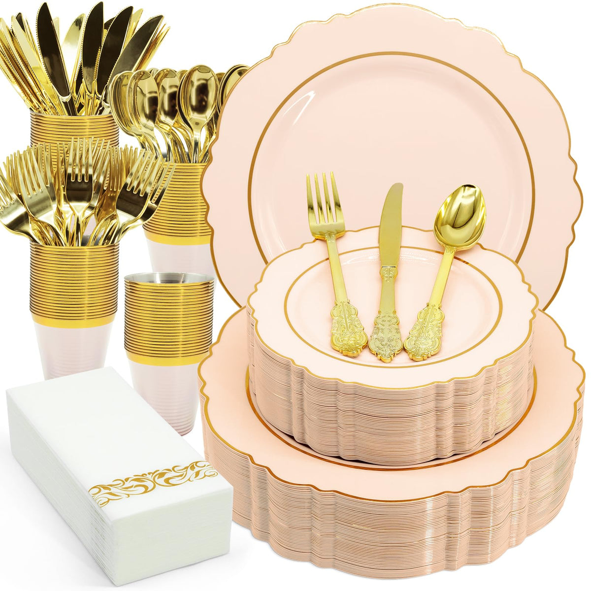 AIRE Pink Gold Plastic Plates Set 175PCS Disposable - AIRE Official Imagery - 1