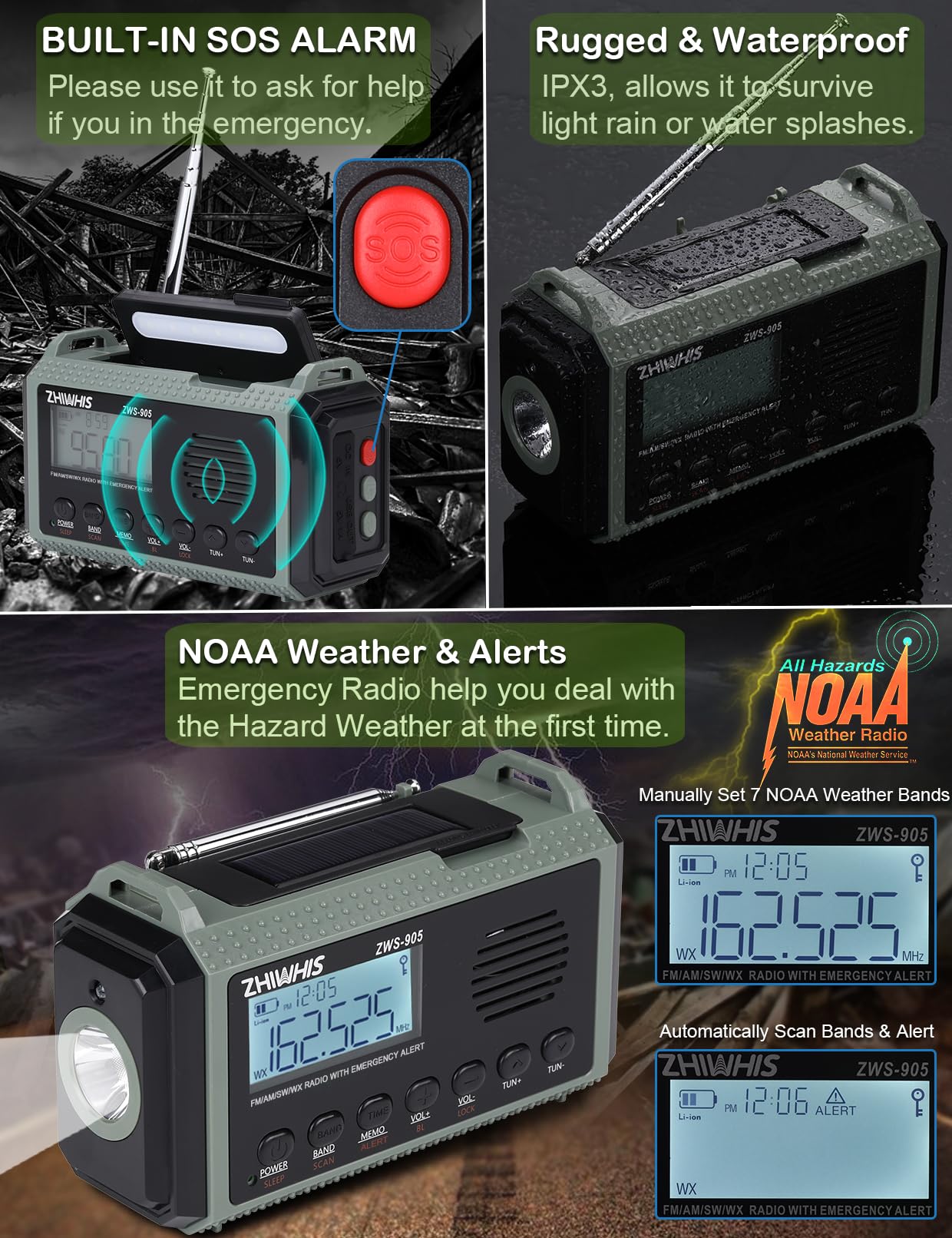 ZHIWHIS Emergency Radio with Auto NOAA Alerts, 10000mAh AM FM SW by ZHIWHIS - Angle View 5