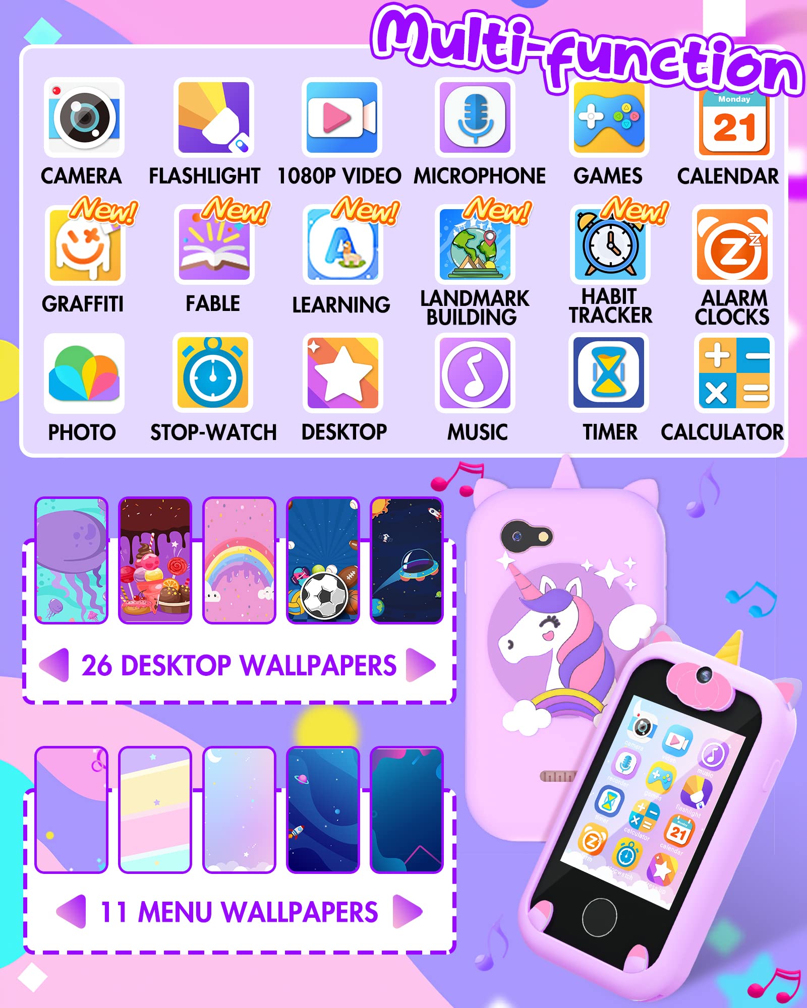 Joozfee Kids Smart Phone for Girls Unicorns Gifts for Girls Toys 8-10 Years Old - Joozfee Official Product View 2