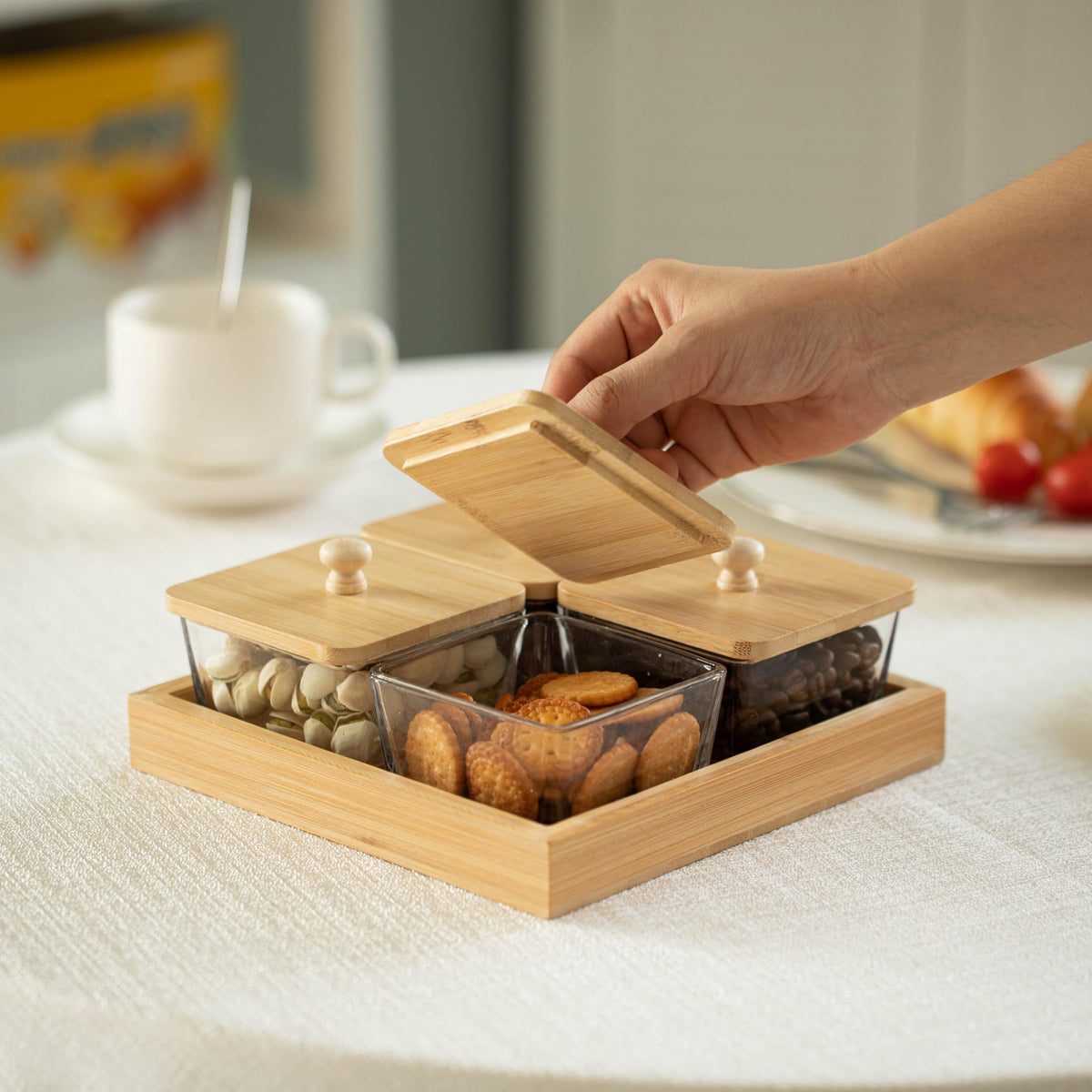 Basicwise Set of 4 Square Glass Jars with Bamboo Lids and - Basicwise Official Imagery - 3